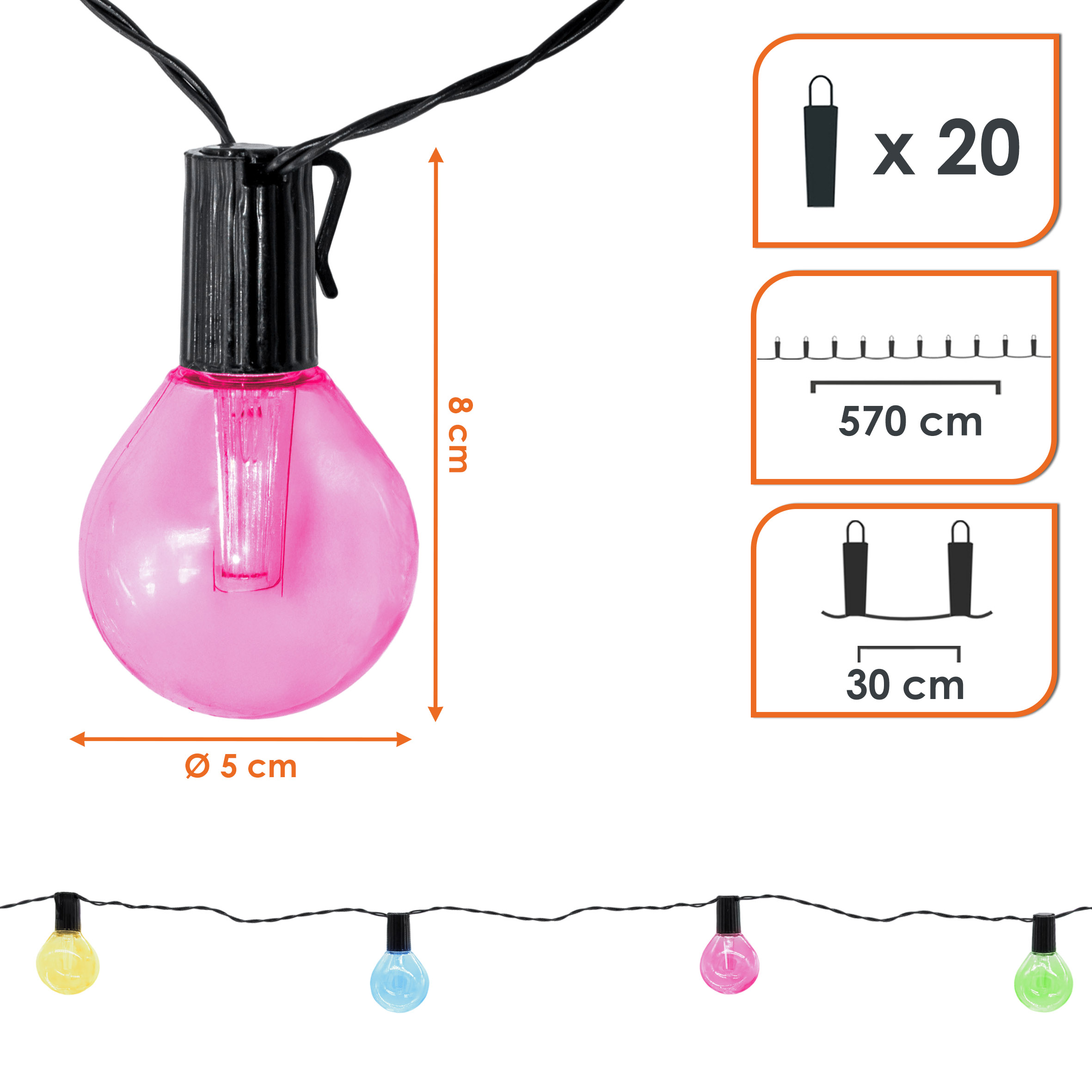 LED Solar Lichterkette mit 20 Glühbirnen auf 570 cm - bunt - Garten Deko Beleuchtung mit farbigen Lampen
