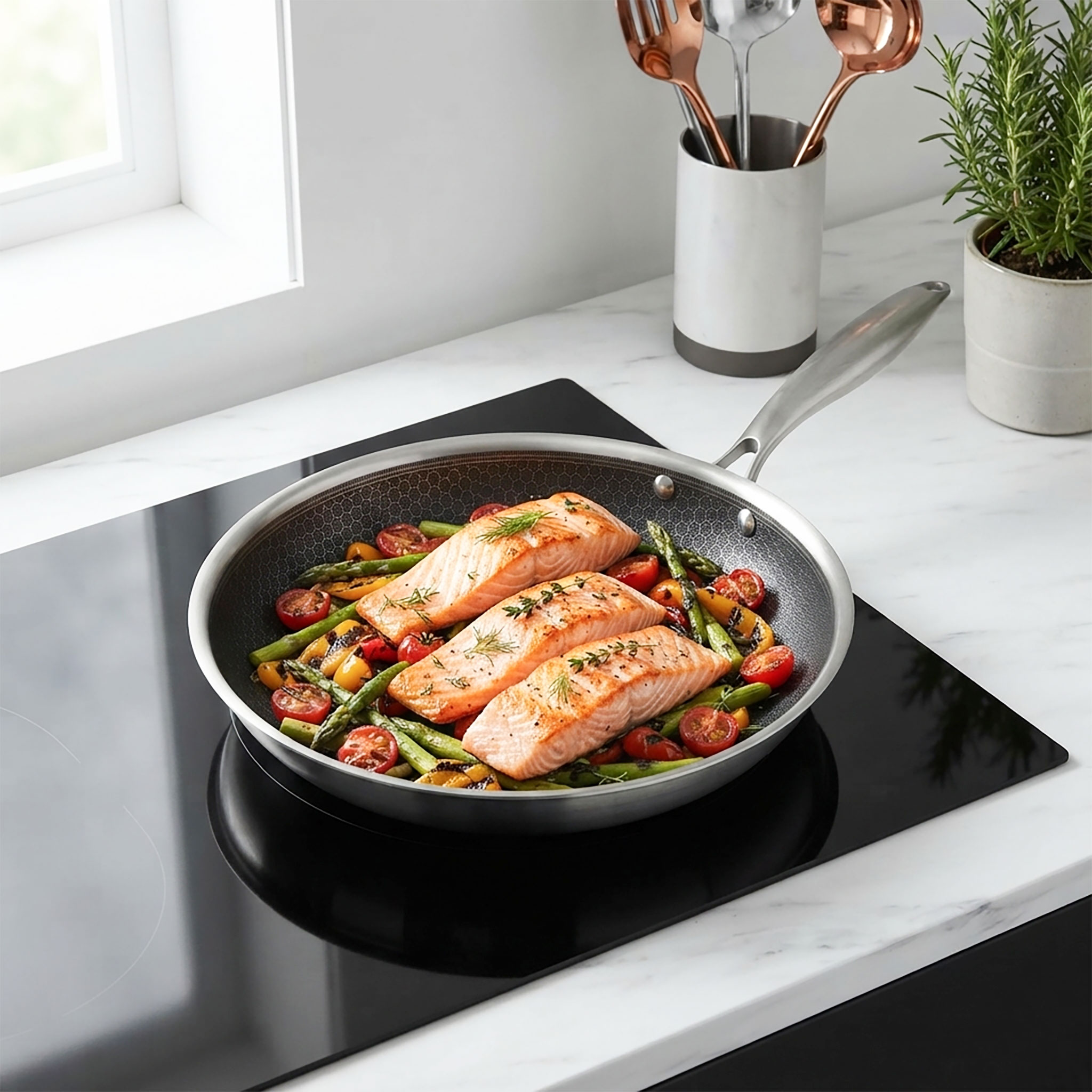 Premium Antihaft Induktion Wabenpfanne PFAS-frei - 28 cm - Keramik Bratpfanne kratzfest mit Aluminiumkern