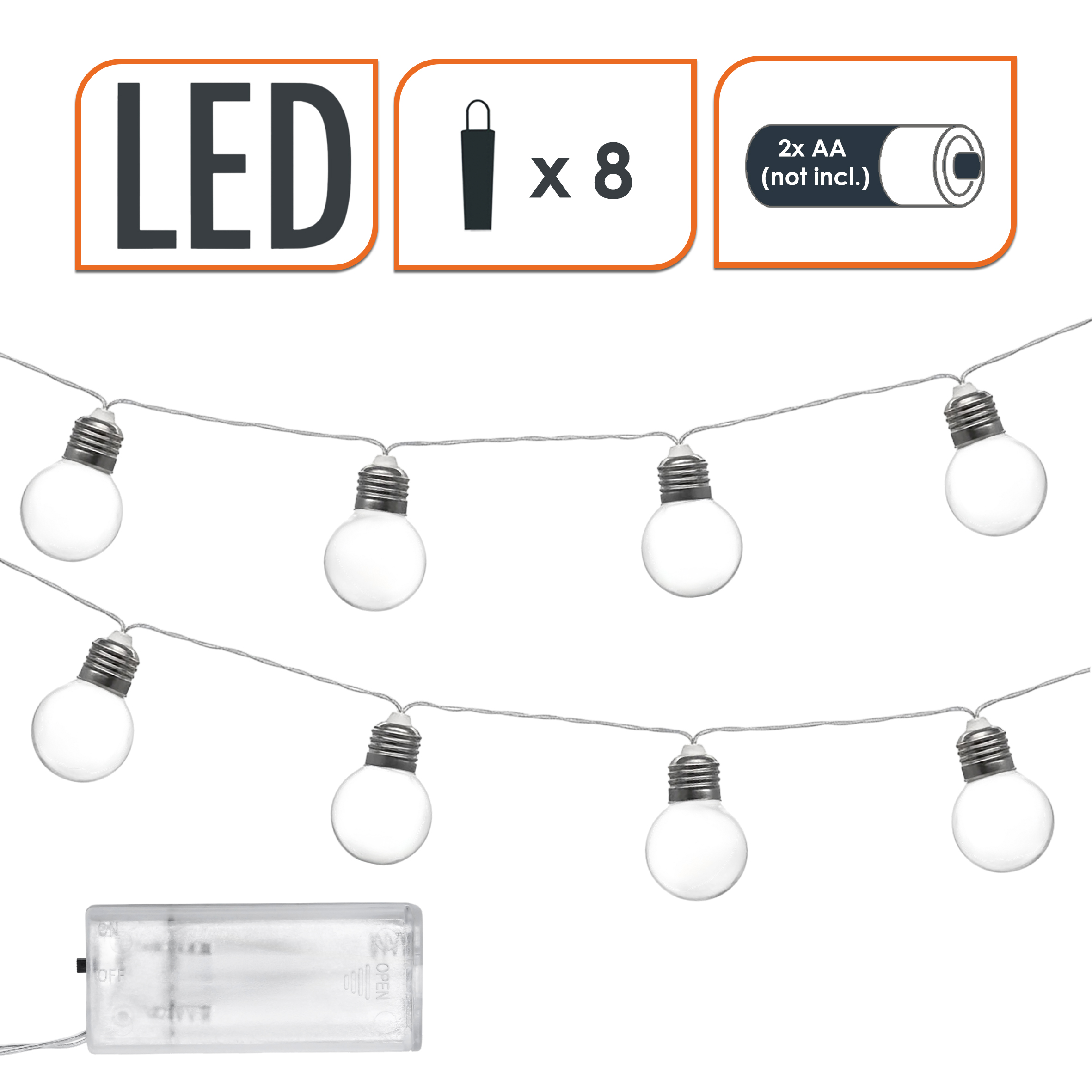 Lichterkette mit 8 LED Glühbirnen für Außen und Innen batteriebetrieben - 110 cm - Garten Dekobeleuchtung mit transparenten Lampen