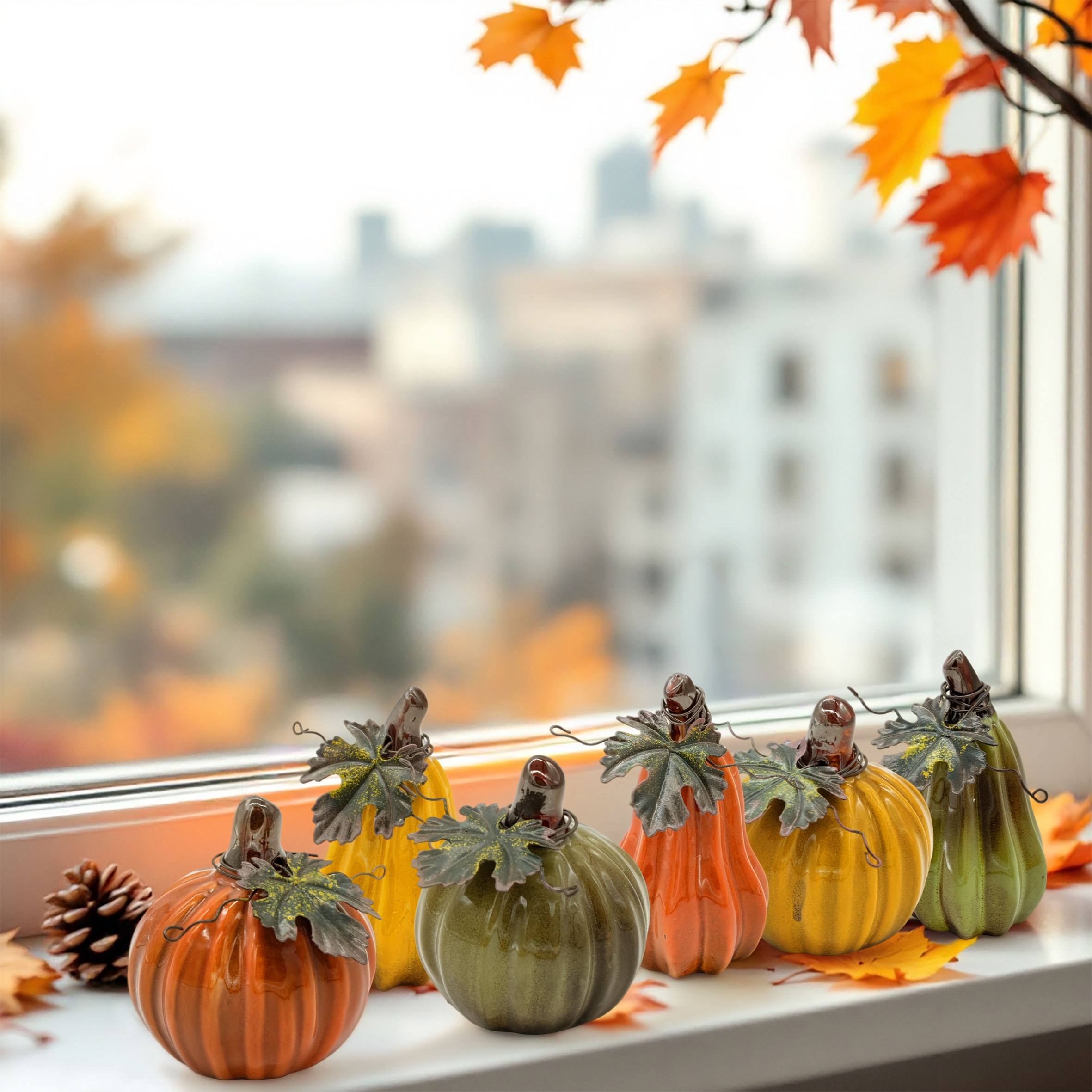 Deko Kürbis aus Steinzeug farbig lasiert - 6er Set - Herbstdeko Zierkürbis aus Ton zum Hinstellen