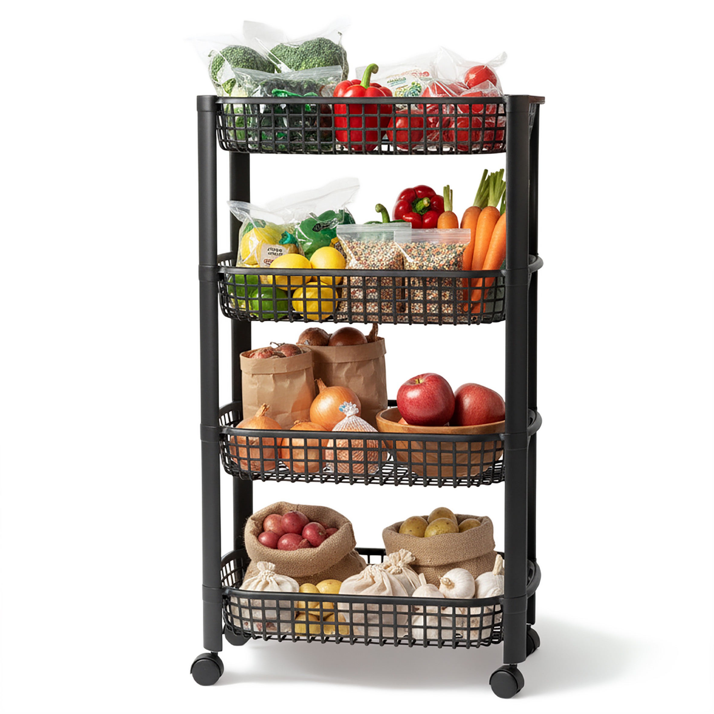 Küchenwagen auf Rollen mit 4 Körben 79 x 46 cm - schwarz - Kunststoff Rollwagen für Küche und Bad mit 4 Etagen