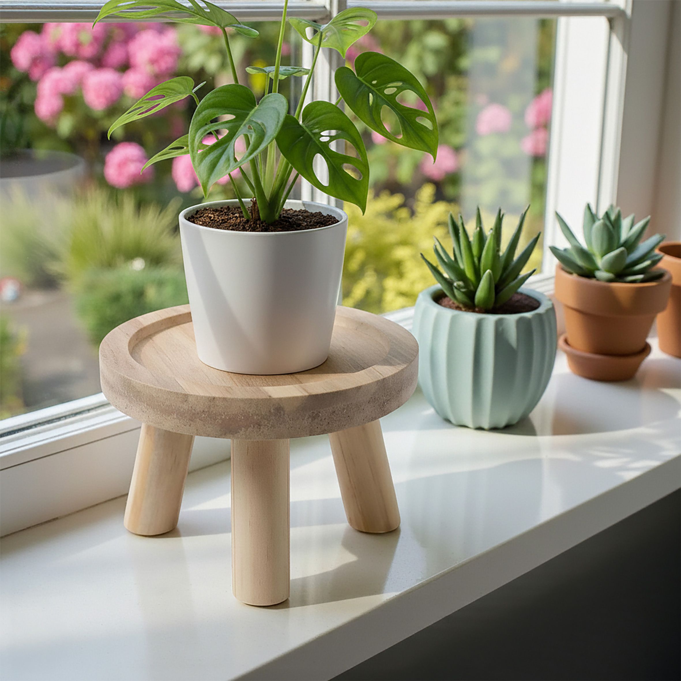Holz Blumenhocker mit 3 Beinen - Ø 20 cm - Deko Hocker rund naturbelassen