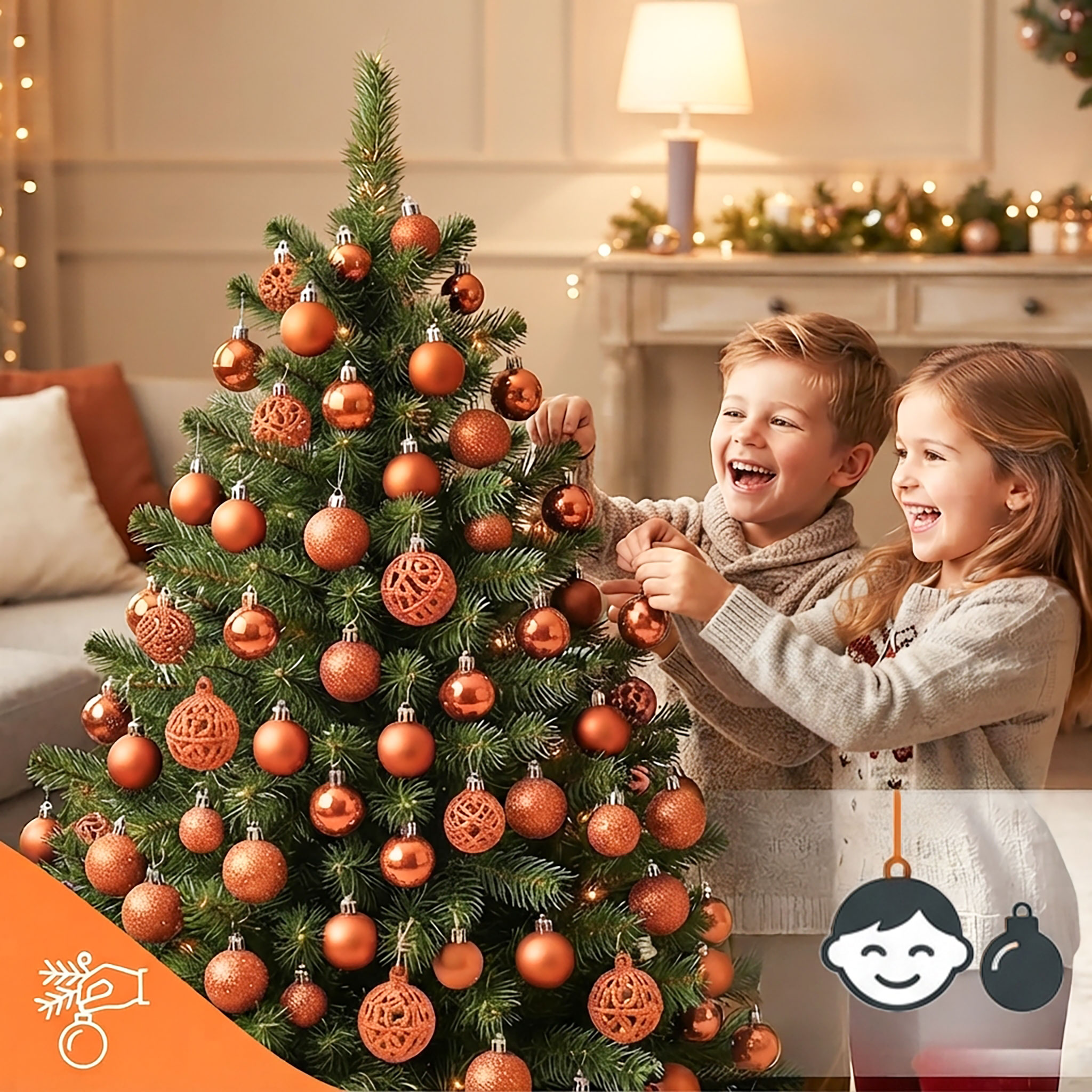 Kunststoff Christbaumkugel Set 100-teilig bruchsicher - kupfer - Design Weihnachtskugeln inklusive Metall Haken