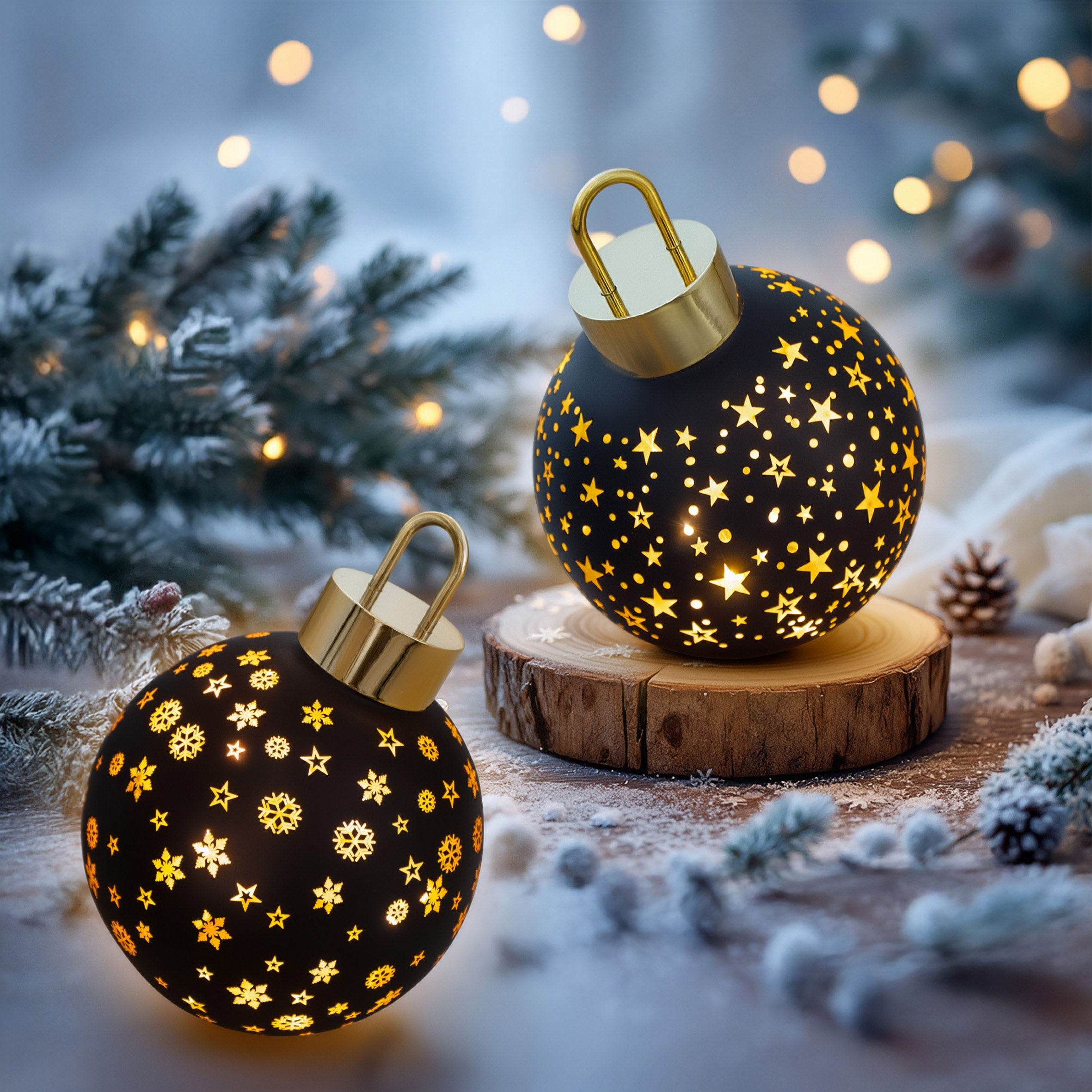 LED Weihnachtskugel zum Stellen matt schwarz mit Timer Batterie betrieben - 15 cm - Glaskugel warm weiß beleuchtet 1 Stück Leuchtkugel mit Zufallsmotiv