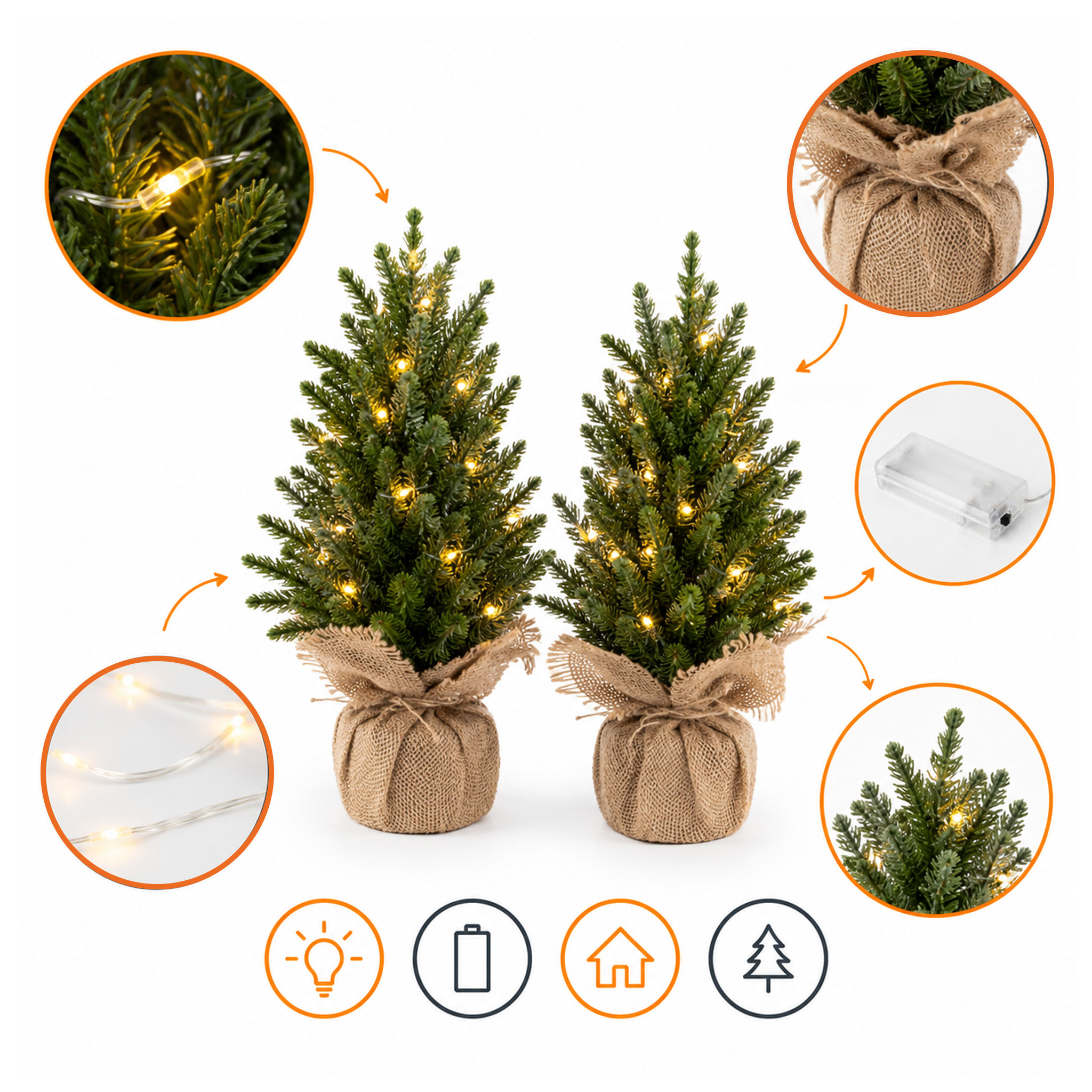 Mini Kunst Tannenbaum warm weiß beleuchtet 43 cm - 2er Set - Künstlicher Weihnachtsbaum klein mit je 15 LEDs batteriebetrieben