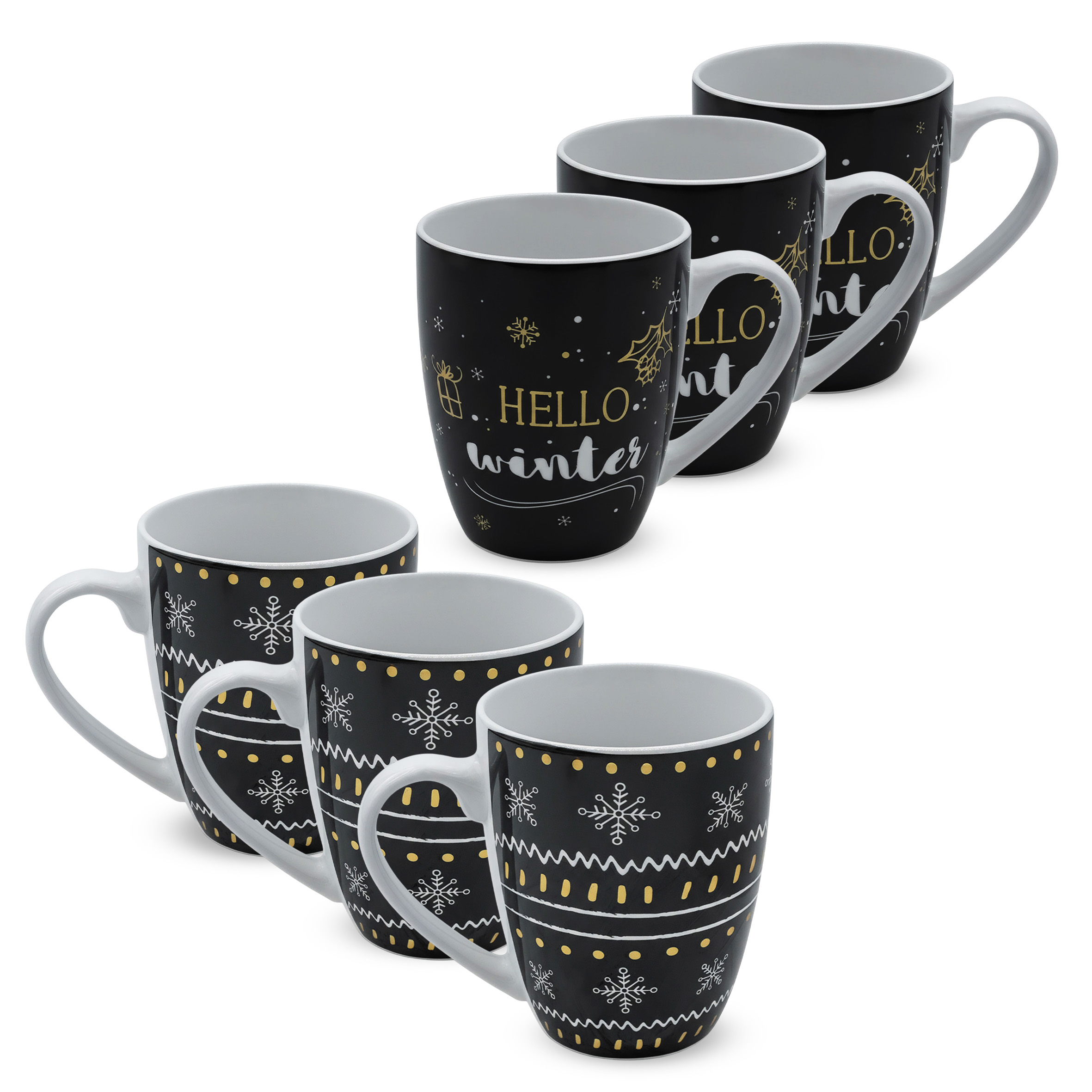 Feinkeramik Kaffeetasse 300 ml mit Wintermotiv - 6er Set - Porzellan Weihnachts Kaffeebecher mit Henkel
