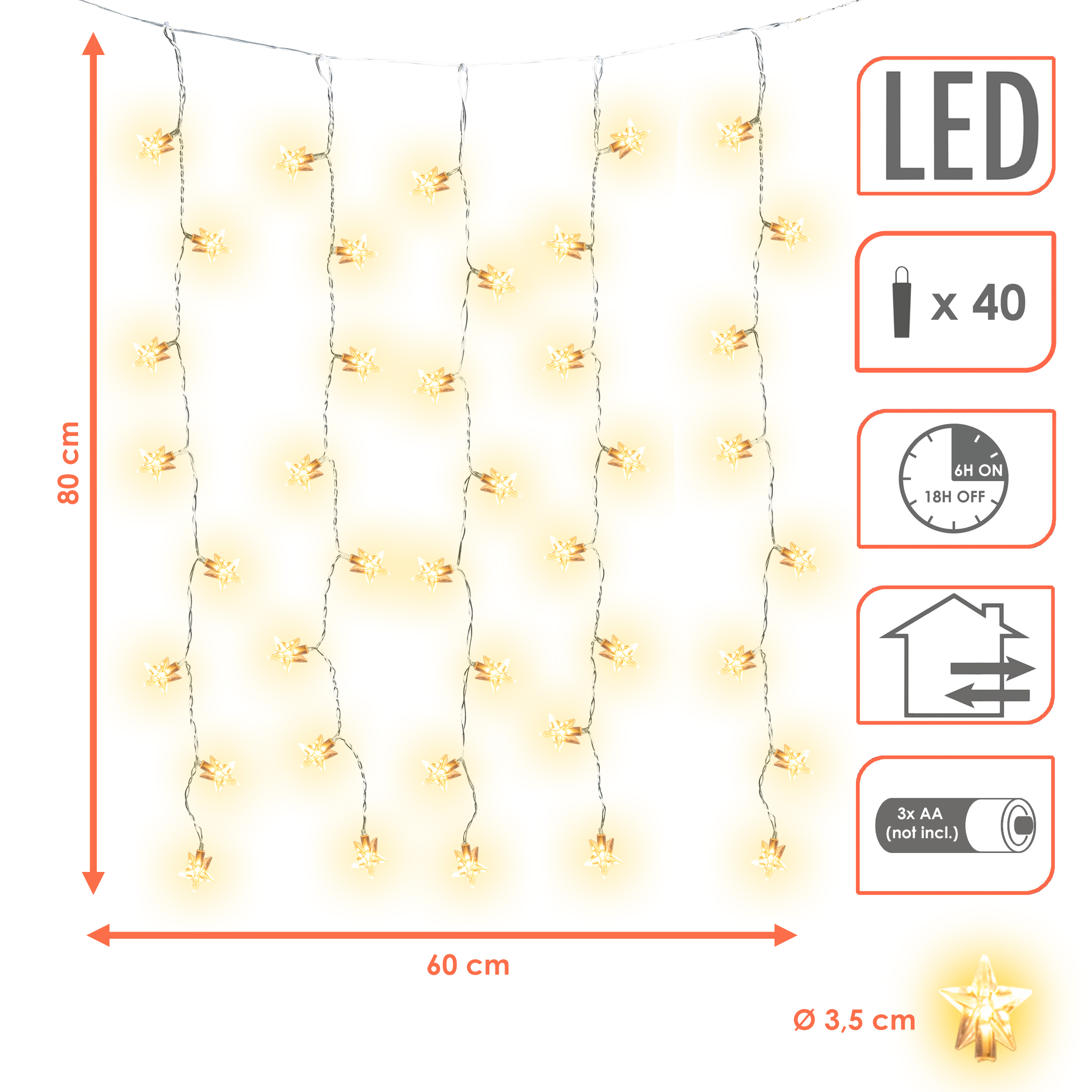 LED Sternenvorhang warm weiß mit Timer für Außen und Innen - 80 x 60 cm - Lichterkette mit 40 beleuchteten Sternen Batterie betrieben