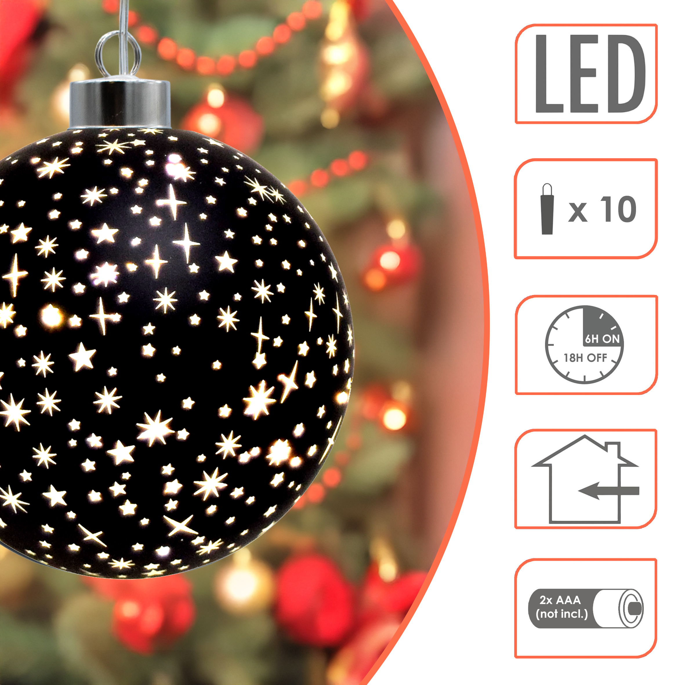 LED Weihnachts Glaskugel Sterne schwarz matt mit Timer - 12 cm
