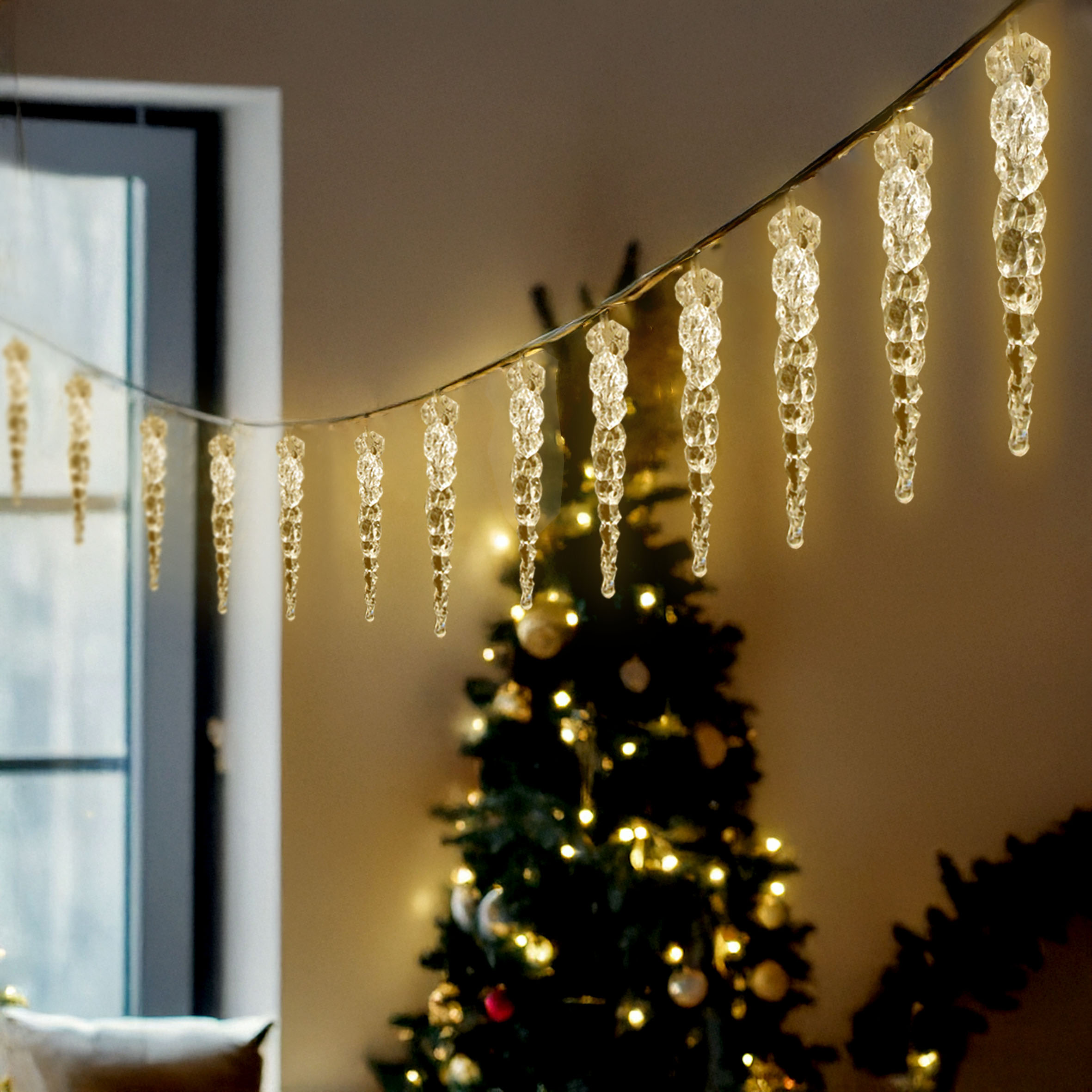 LED Eiszapfen Lichterkette aus Acryl warm weiß - 190 cm - Eisregen Deko Beleuchtung mit 20 Zapfen Batterie betrieben