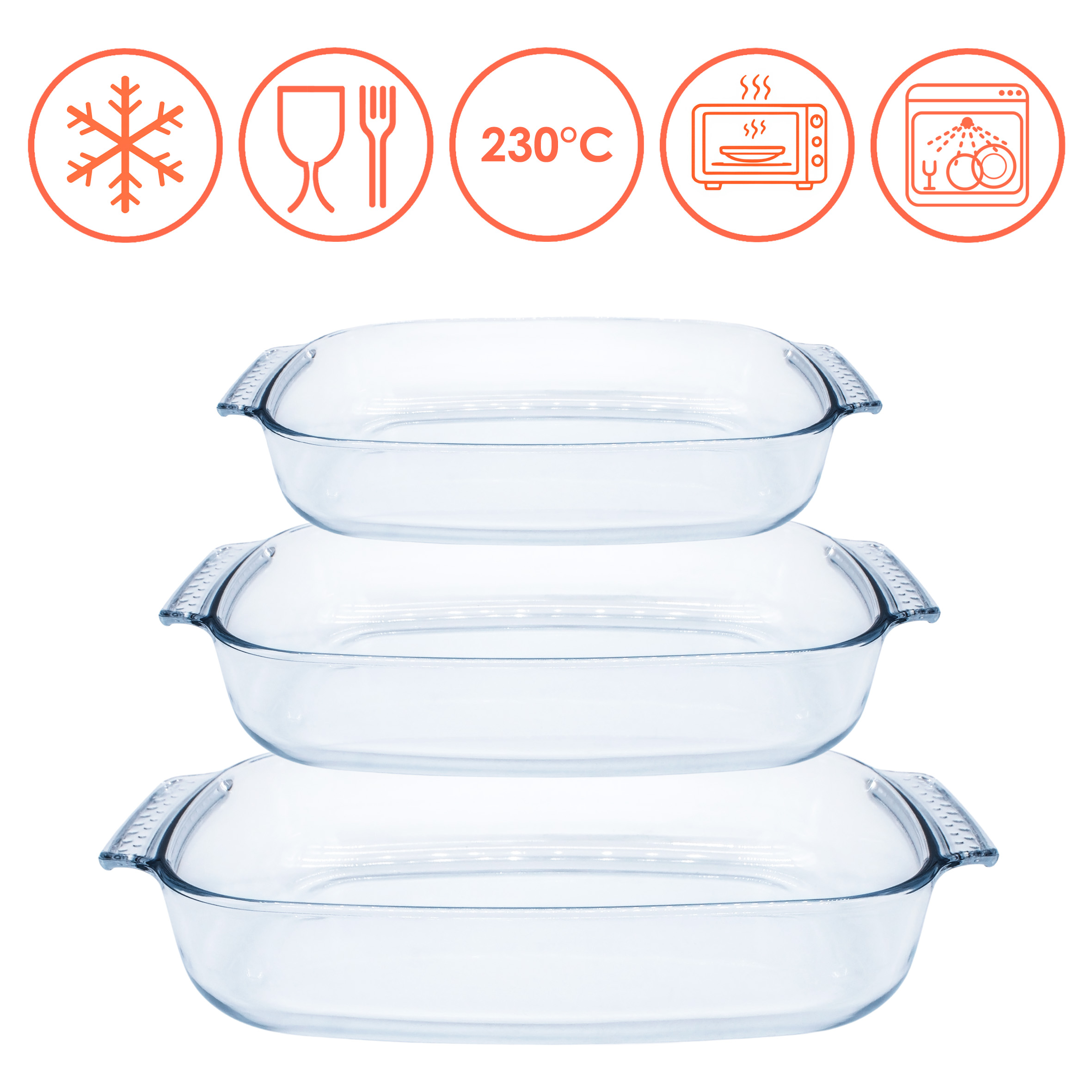 Glas Auflaufform 3er Set hitzebeständig bis 230°C - 2 L / 2,7 L / 3,8 L - Ofenschalen in verschiedenen Größen spülmaschinenfest