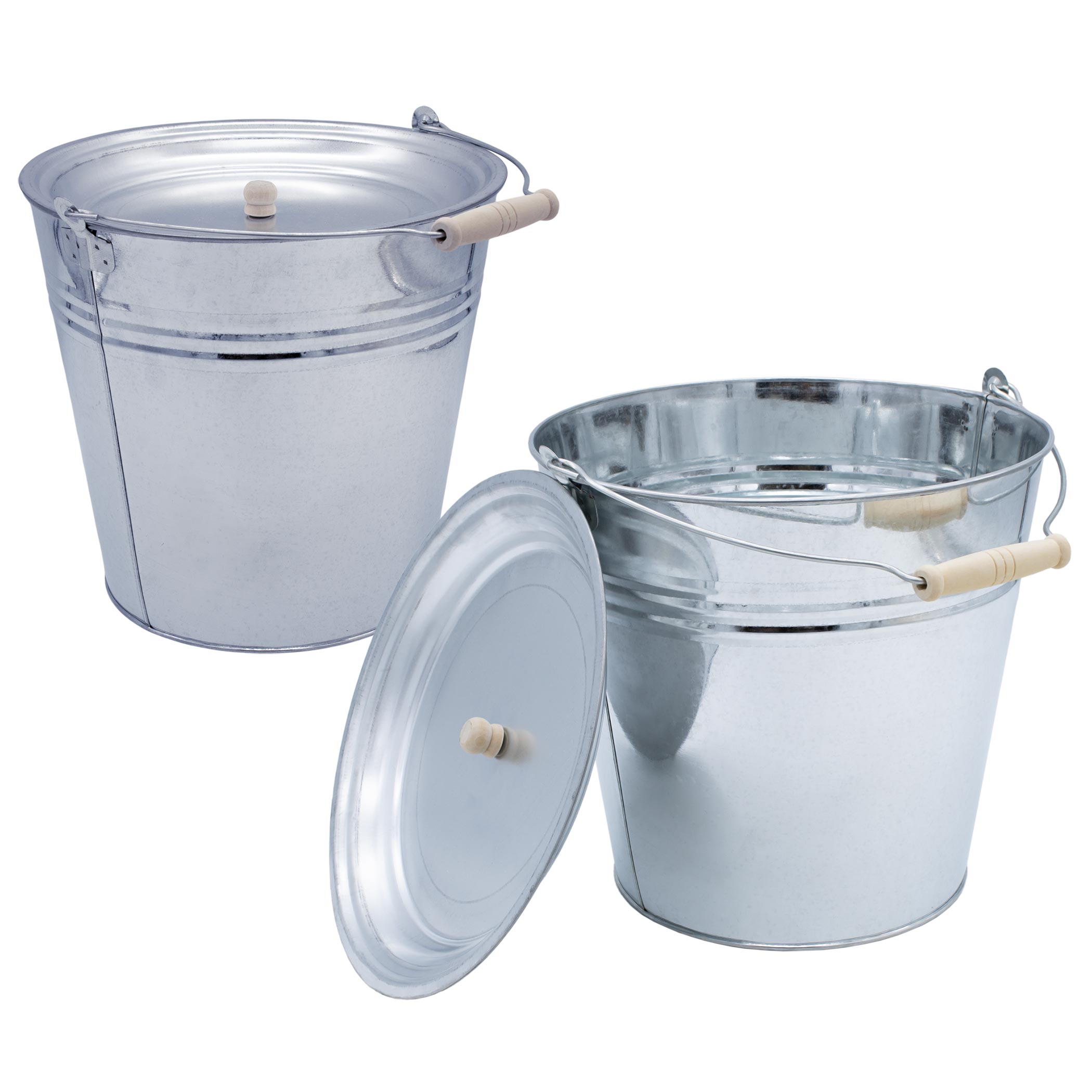 Deko Zinkeimer silber 12 L mit Holzgriff und Deckel - 2er Set - Metall Eimer zum Bepflanzen oder Transportieren