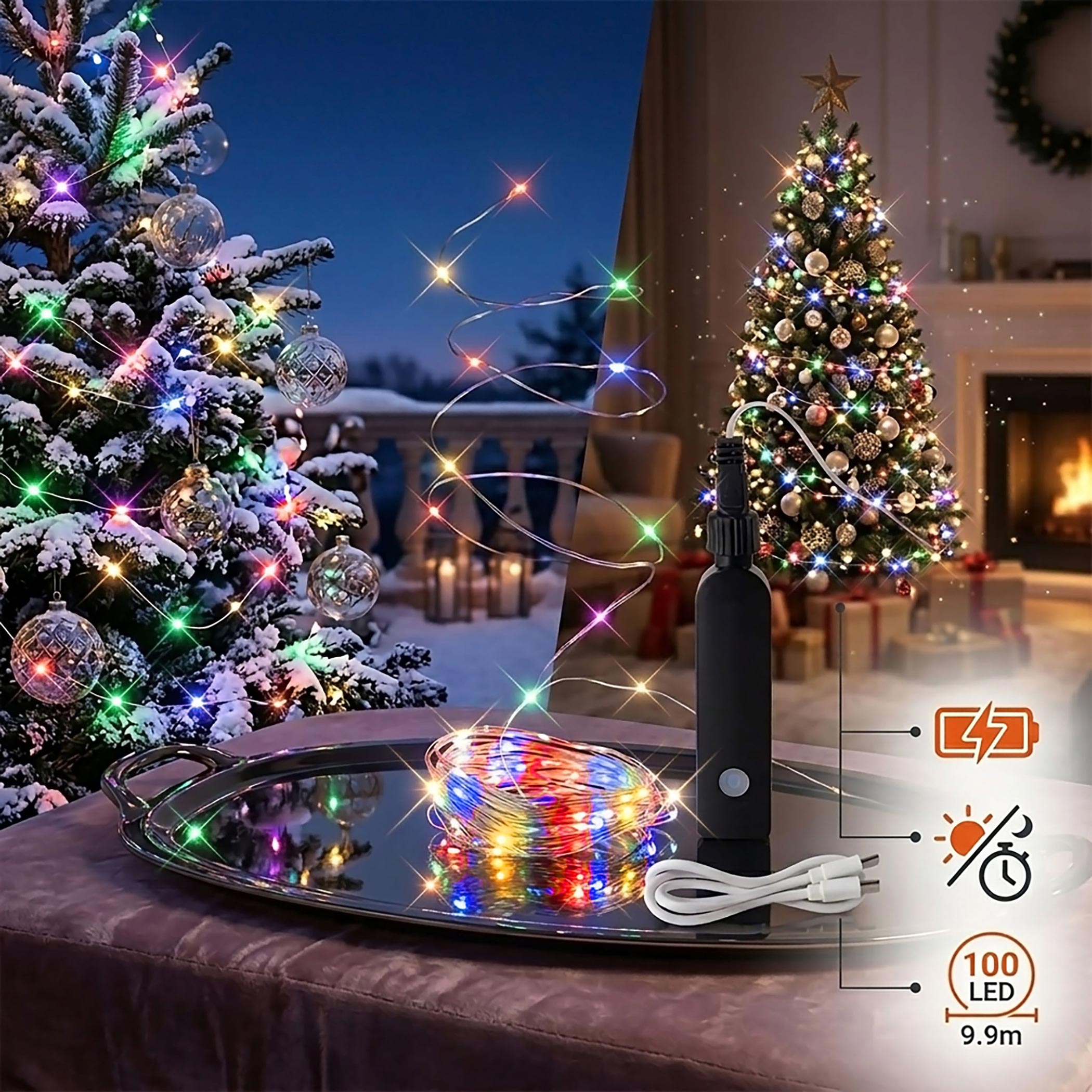Draht Lichterkette bunt mit Powerbank 8 Funktionen und Timer - 100 LED - Akku Weihnachtslichterkette 9,9 m multicolor per USB-C wiederaufladbar