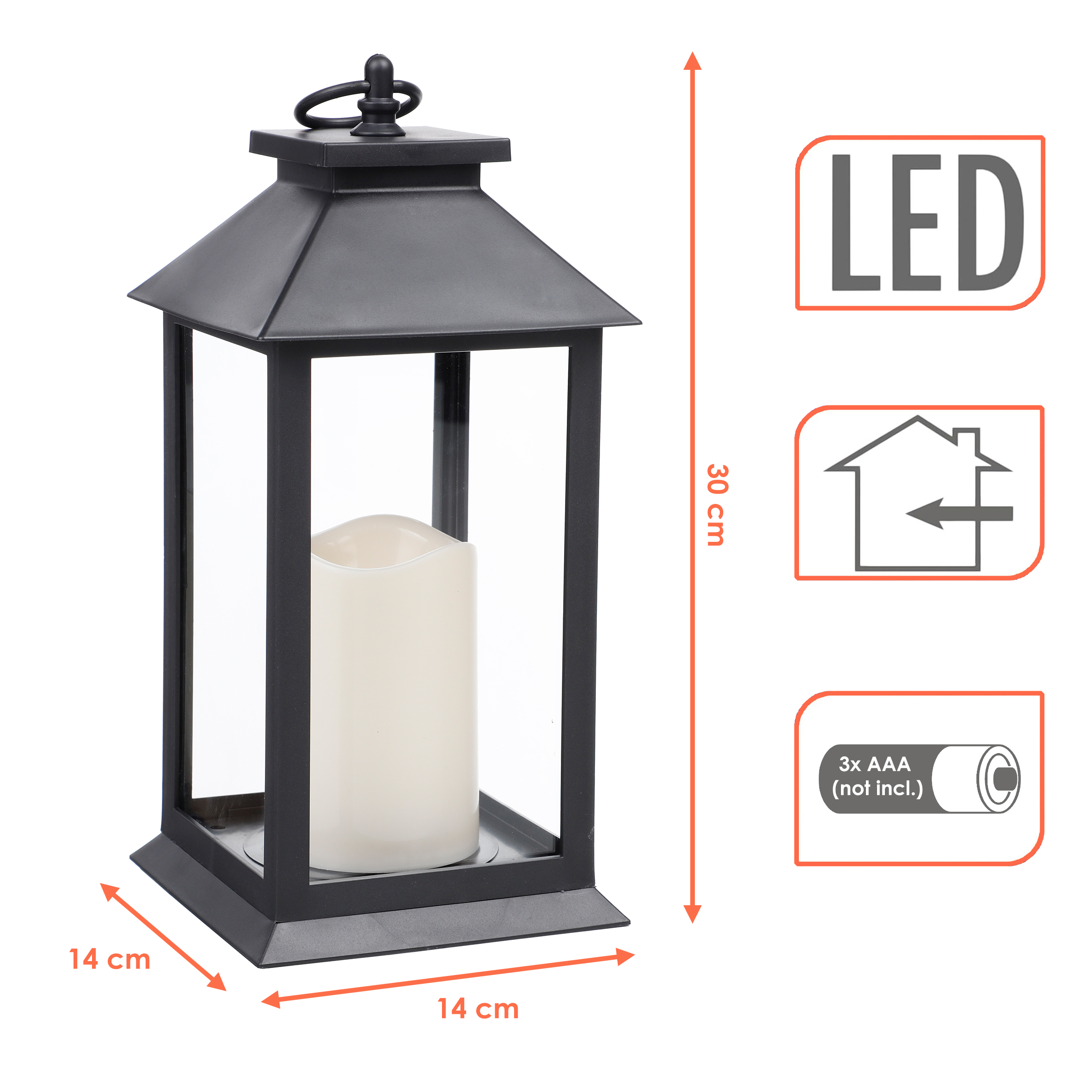 Laterne schwarz inklusive LED Kerze mit Flacker Effekt - 30 x 14 cm - Deko Leuchte mit Kerzenflackern Batterie betrieben