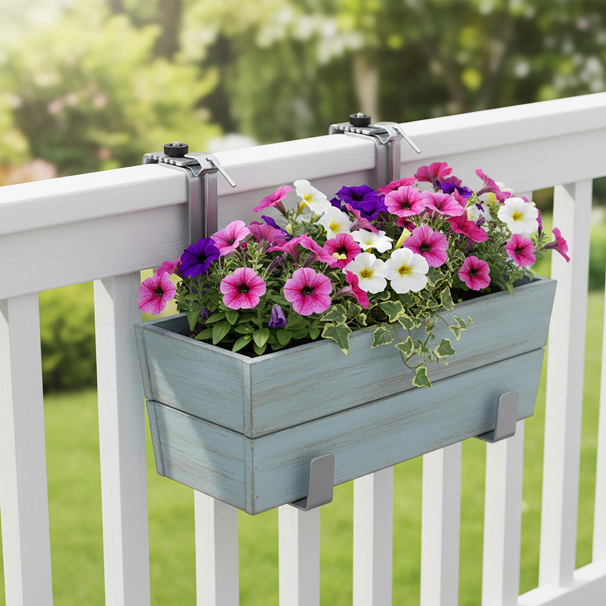 Blumenkasten Halter 2er Set bis 50 kg individuell verstellbar - hellgrau - Metall Halterung für eckige Balkongeländer von 4-7 cm