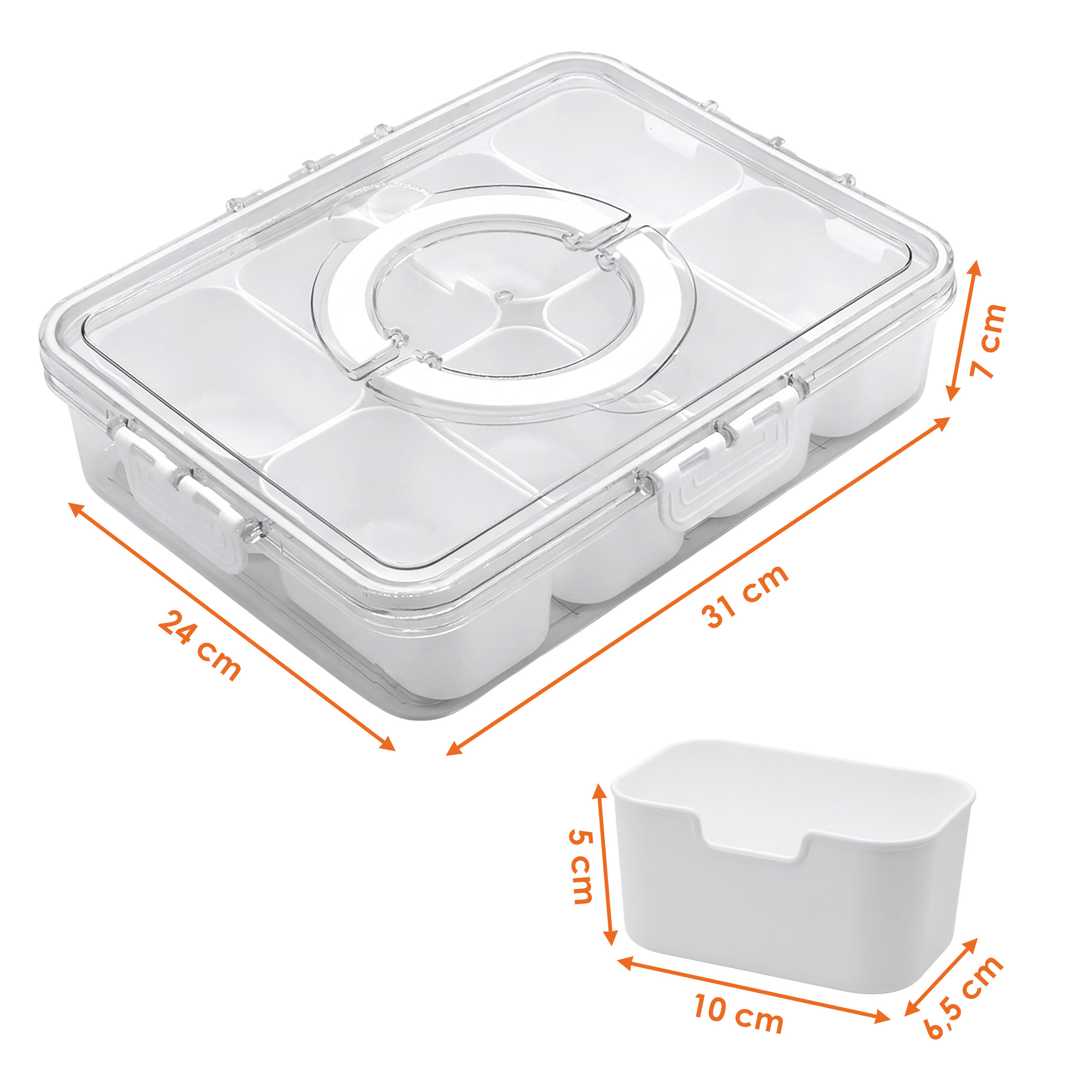 Kunststoff Snackbox auslaufsicher mit 8 Schalen und Deckel - 31 x 24 cm - Snack Transportbox luftdicht mit 8 Fächern