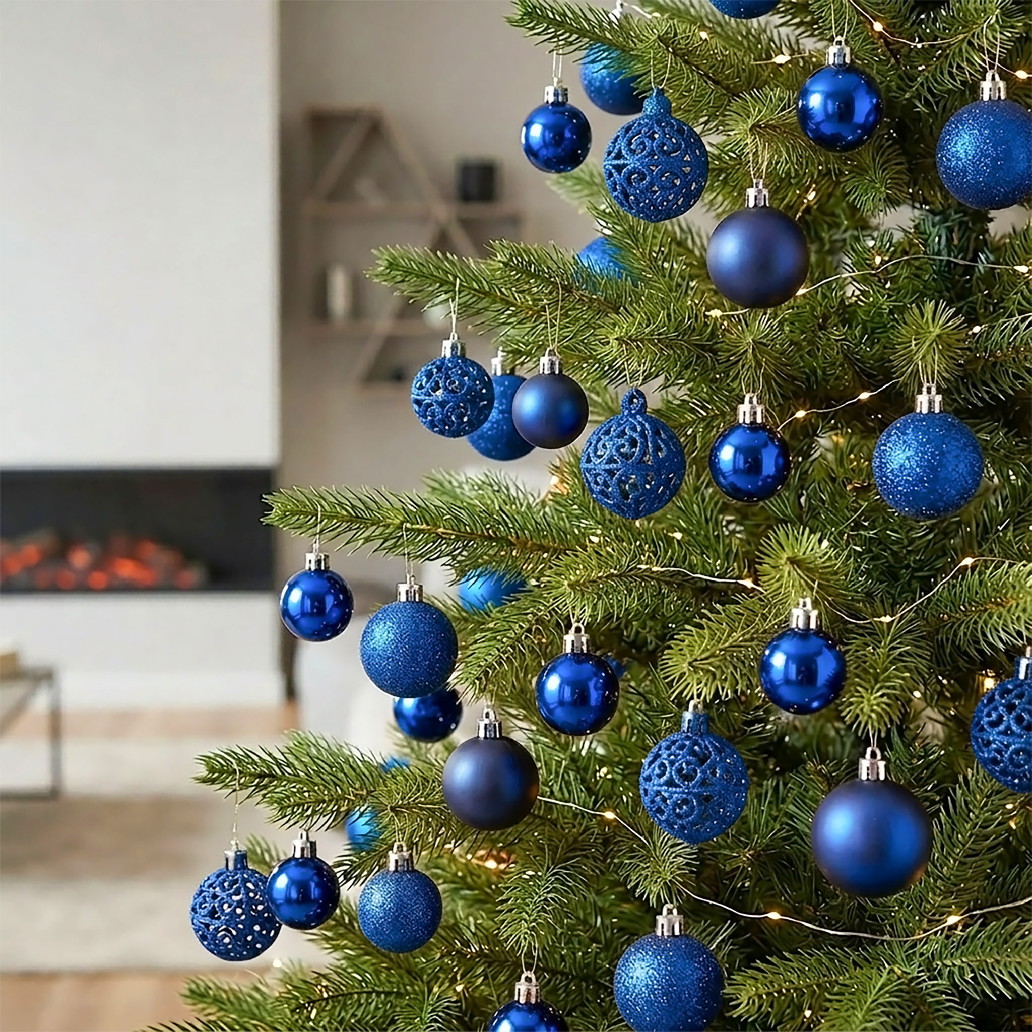 Kunststoff Christbaumkugel Set 50-teilig bruchsicher - blau - Design Weihnachtskugeln inklusive Metall Haken
