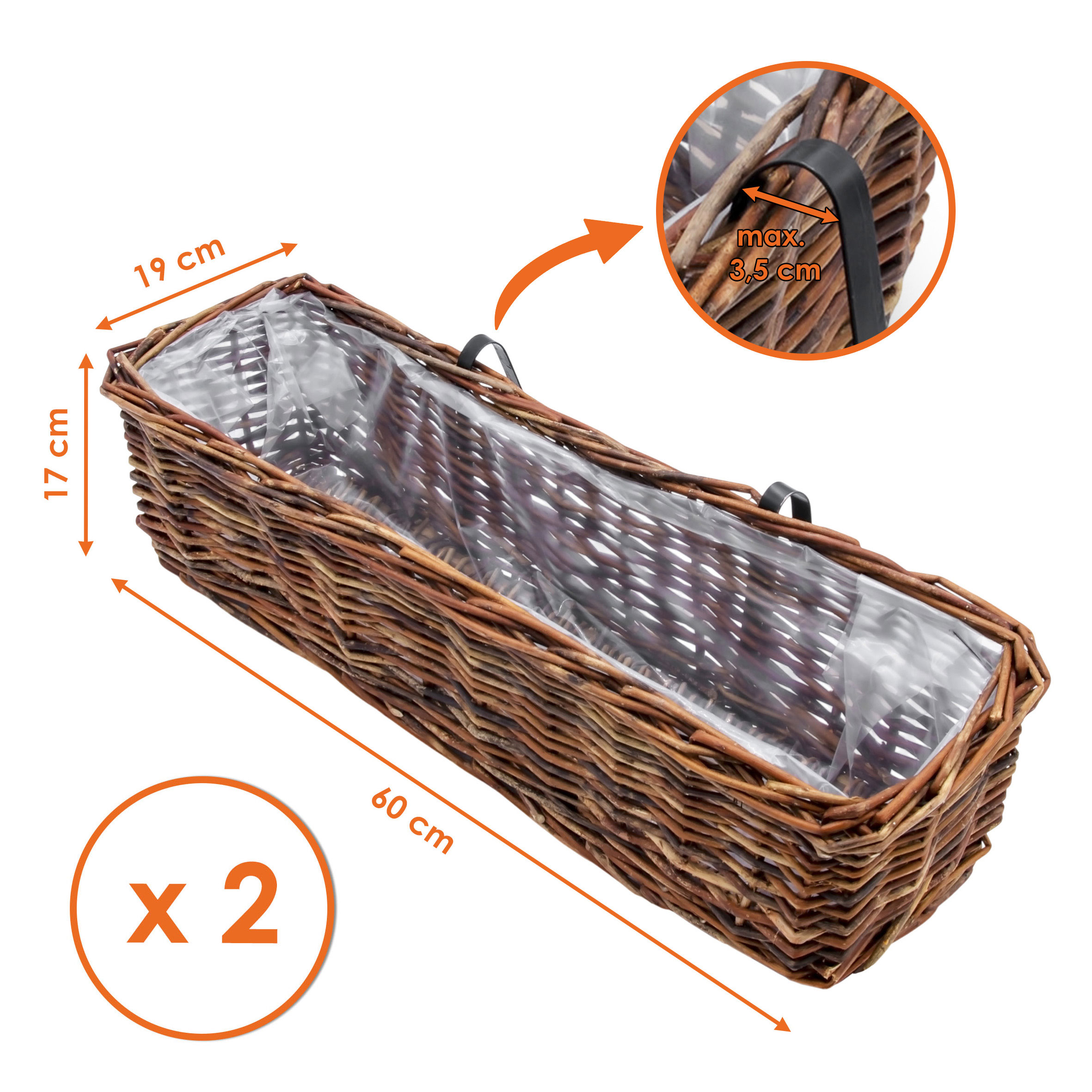 Rattan Balkonkasten 2er Set eckig mit Folie natur dunkel - 60 x 19 cm - Rattan Blumenkasten mit Aufhängung für Geländer bis 3,5 cm