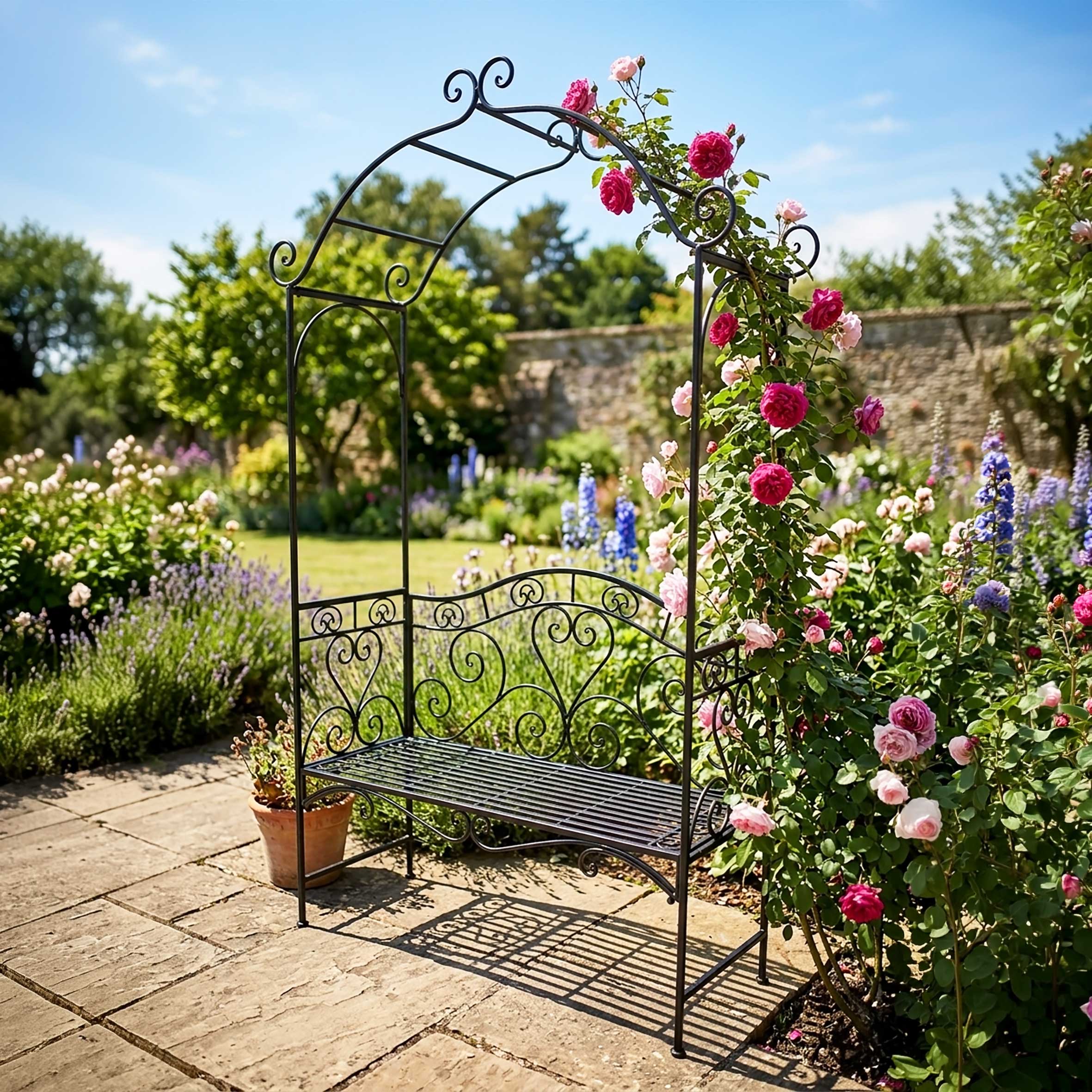 Metall Gartenbank 2-Sitzer schwarz mit Rosenbogen - 200 x 124 cm - Garten Sitzbank belatbar bis 150 kg wetterfest mit Rankgitter