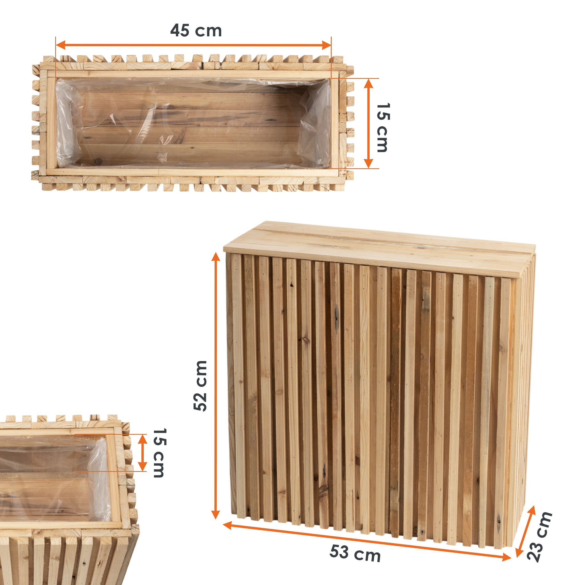 Holz Pflanzkasten Kiefer natur rechteckig mit Folie - 53 x 52 cm - Holz Sockel naturbelassen mit Deckel