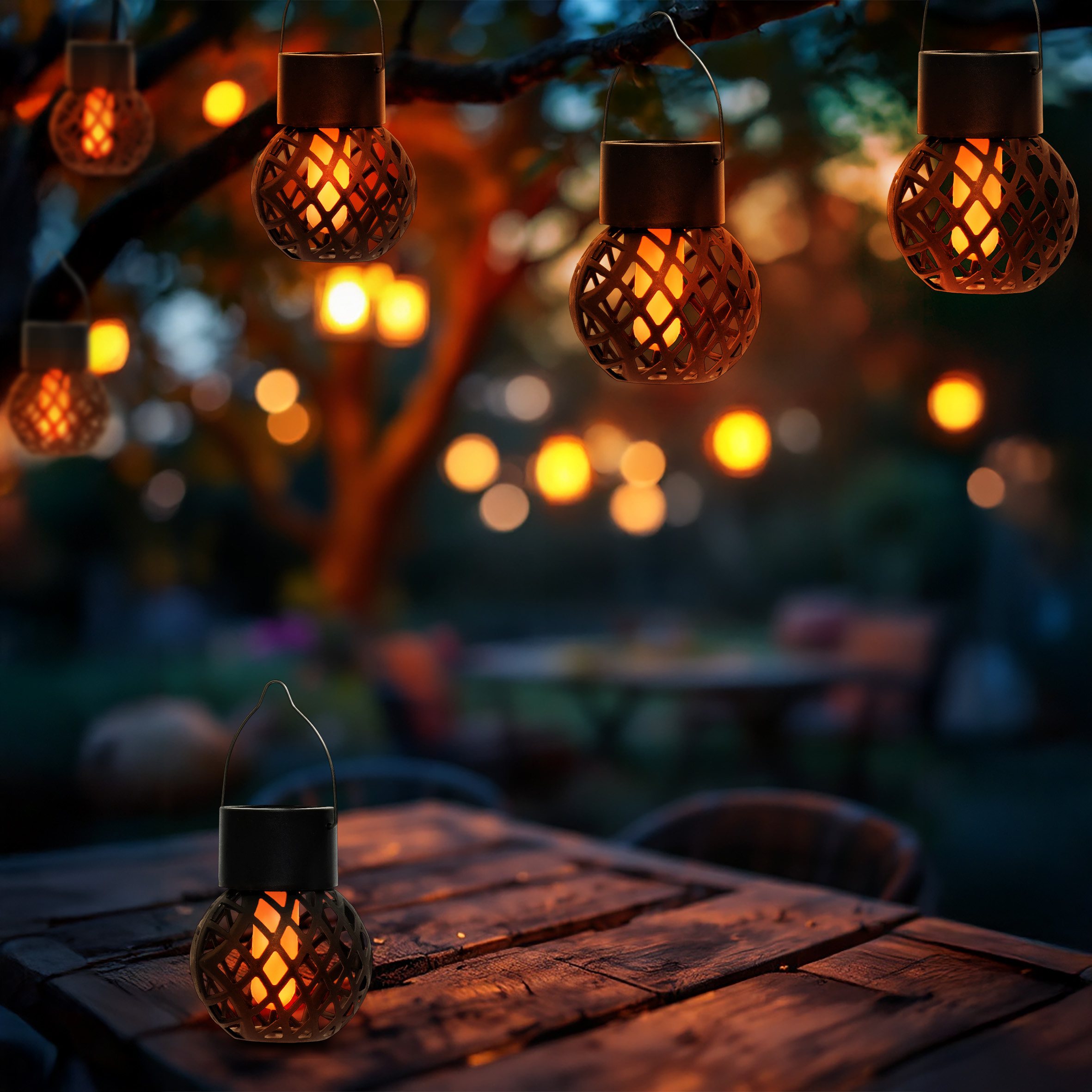 Solar Mini Hängeleuchten 9 x 7 cm mit Flammeneffekt - 6er Set - LED Laternen klein zum Hängen für Außen