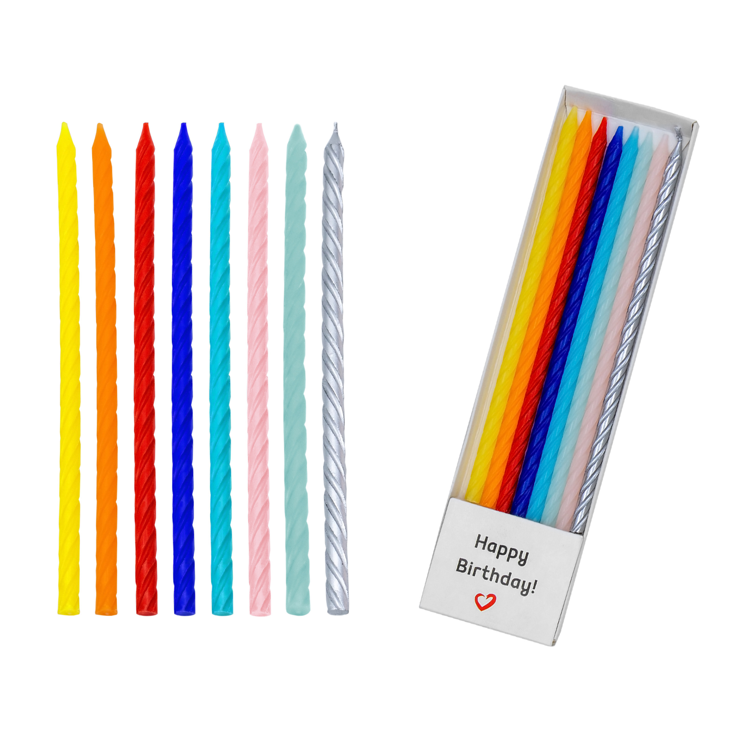 Spiralkerzen mit Halterung in 8 bunten Farben - 64 Stück - Geburtstagskerzen für Kuchen Torten Muffins