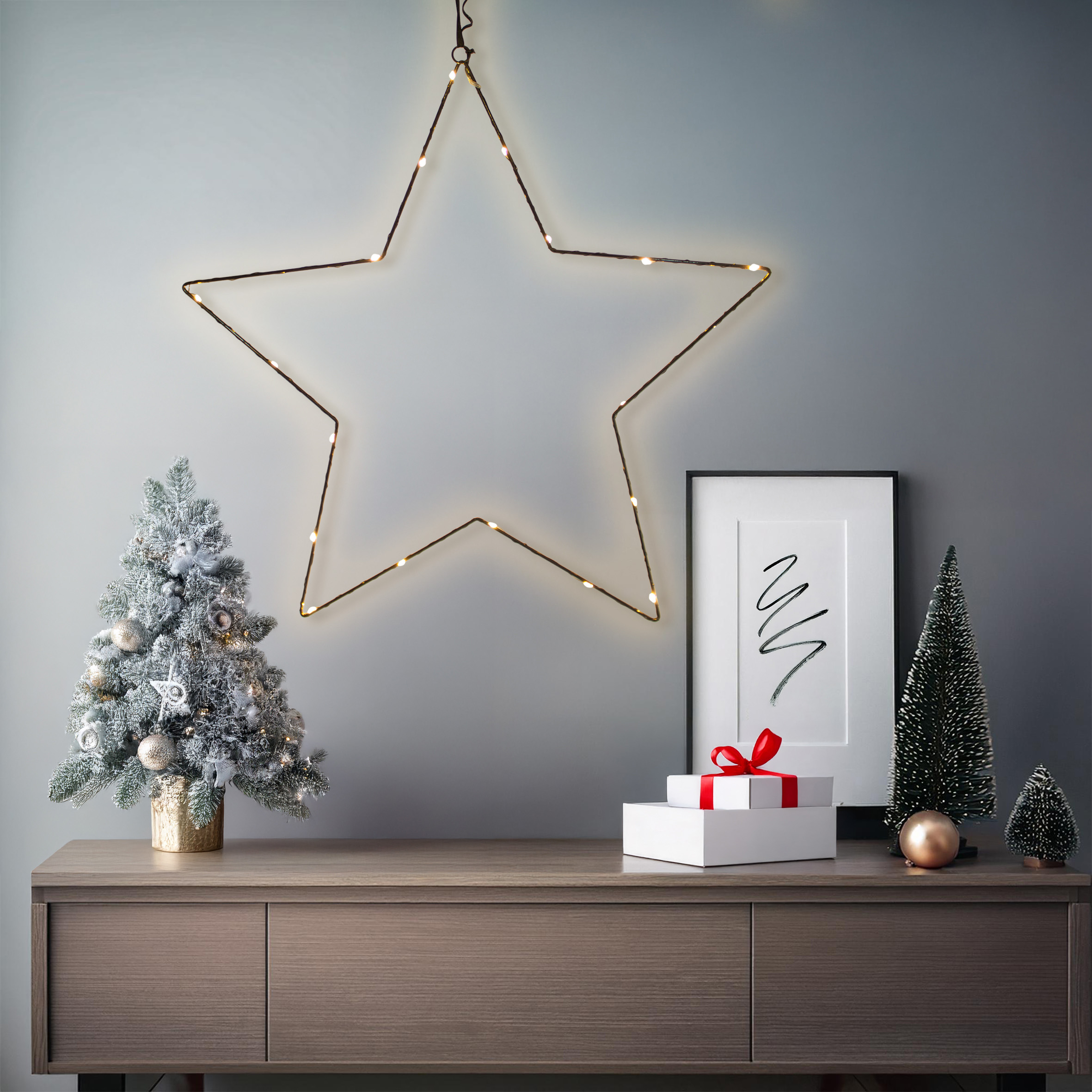 Metall Leuchtstern zum Hängen schwarz mit Timer - 20 LED - Stern Silhouette 50 cm warm weiß beleuchtet batteriebetrieben