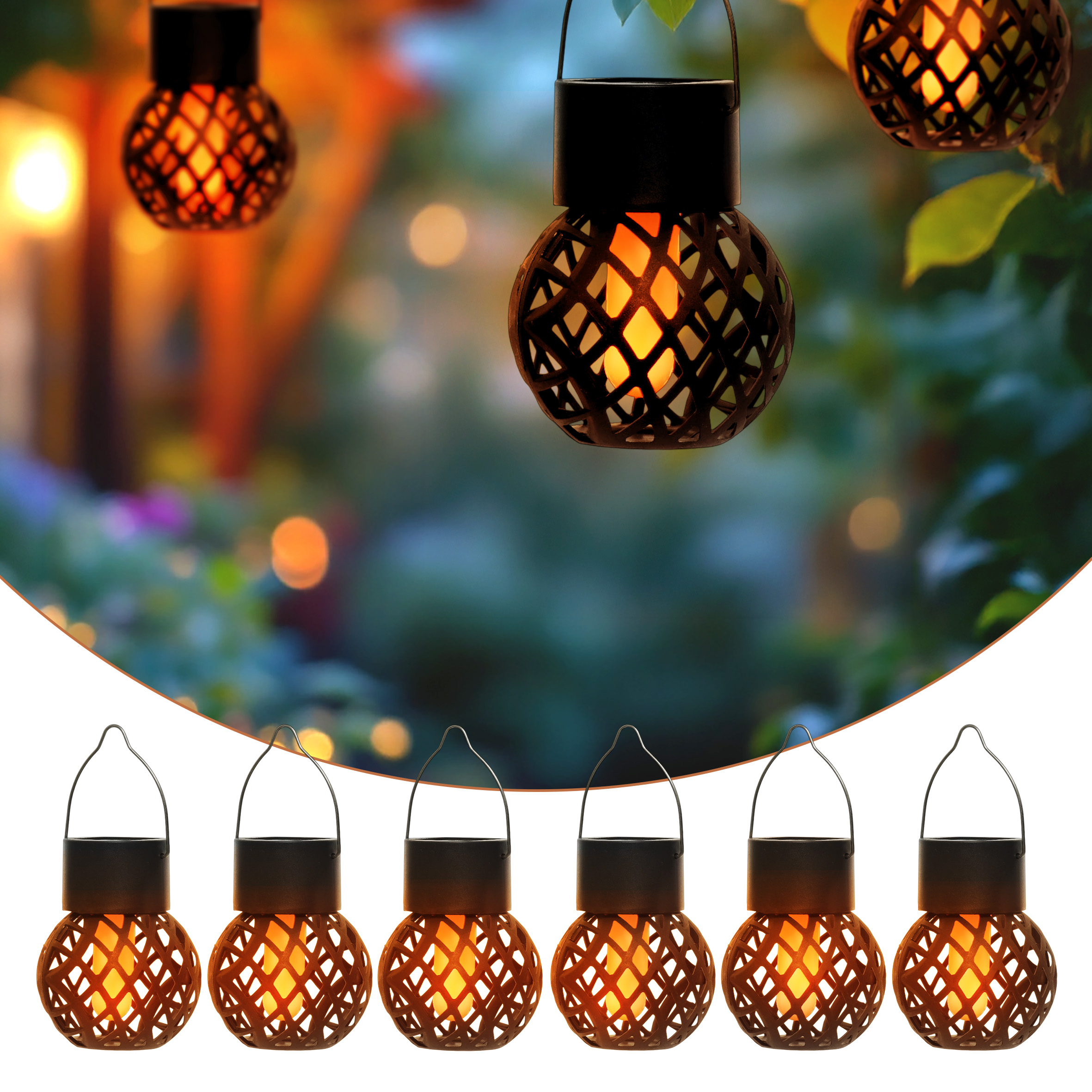 Solar Mini Hängeleuchten 9 x 7 cm mit Flammeneffekt - 6er Set - LED Laternen klein zum Hängen für Außen