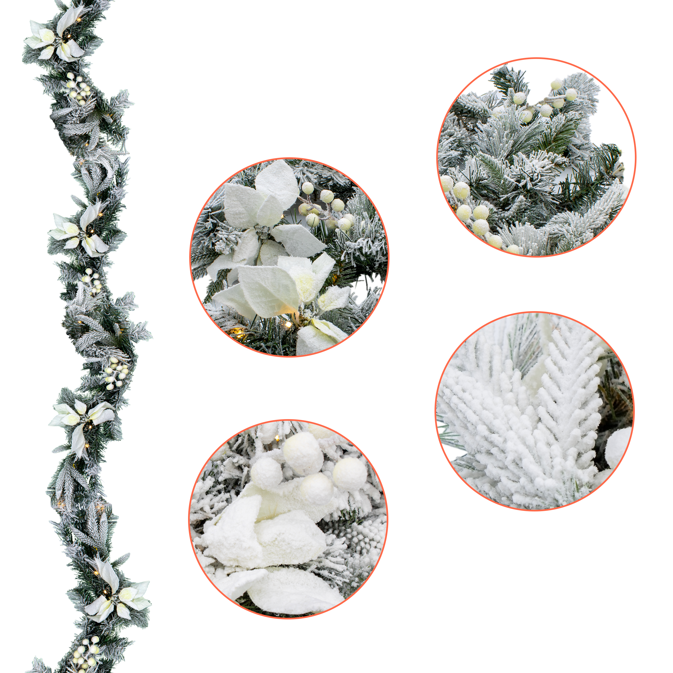 LED Tannengirlande mit Schnee und Blumen warm weiß beleuchtet - 274 cm / 50 LED - Weihnachtsgirlande Batterie betrieben mit Timer