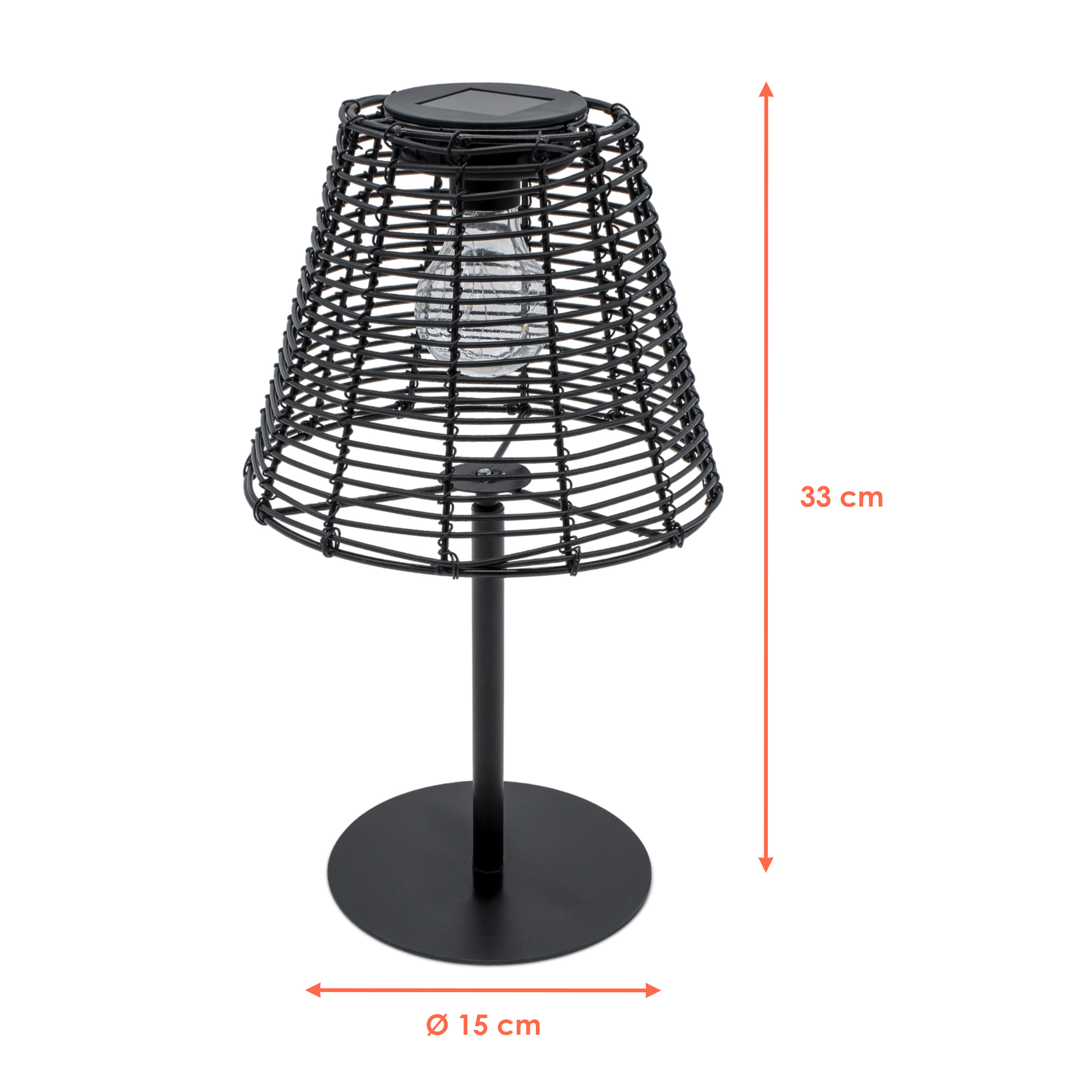 Solar Tischleuchte in Rattan Optik schwarz mit LED Glühbirne - 33 x 20 cm - Gartenlampe warm weiß beleuchtet