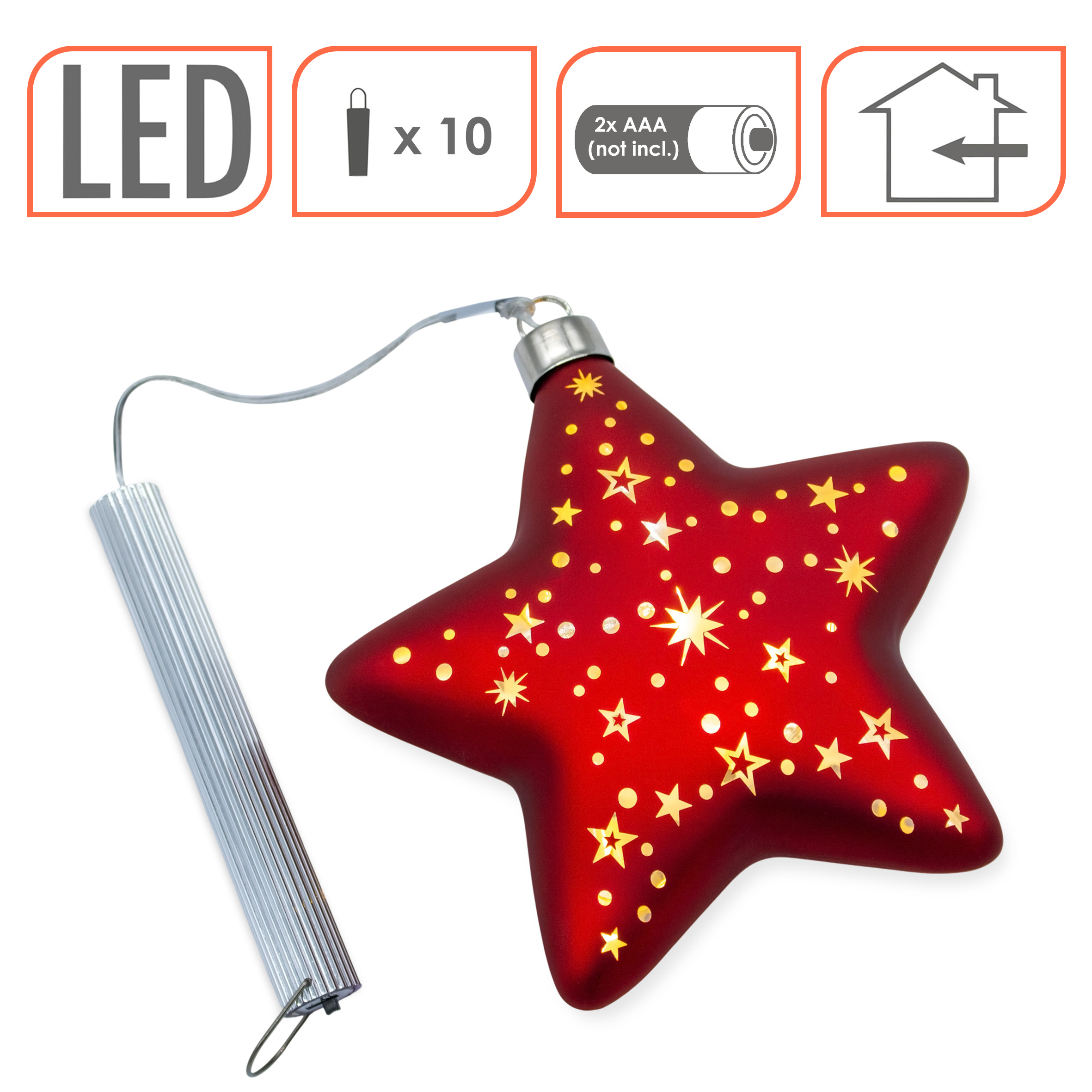 Glas Weihnachtsstern rot zum Hängen mit 10 LED beleuchtet - 15 cm - Deko Stern Leuchte warm weiß Batterie betrieben