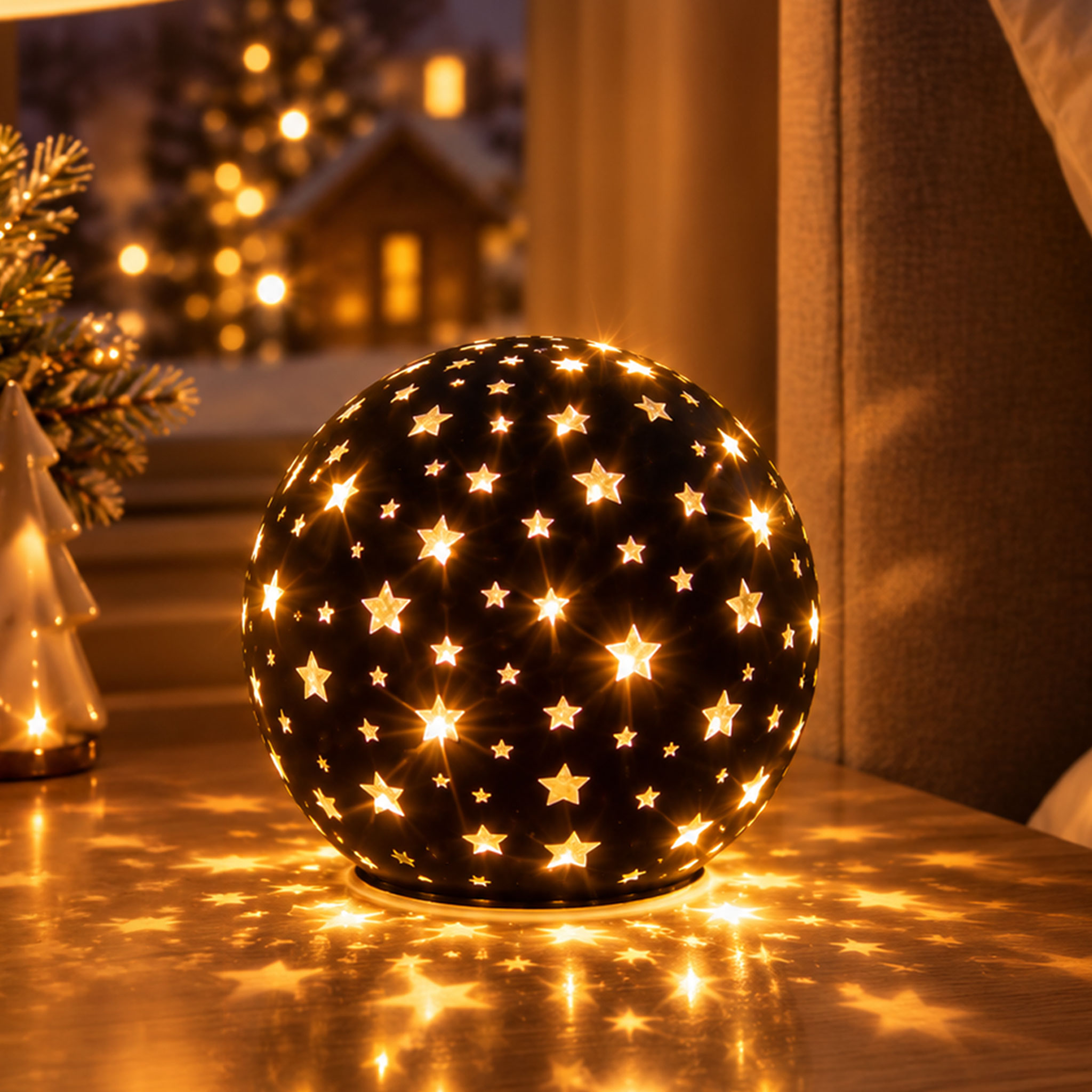LED Glas Weihnachtskugel matt schwarz zum Stellen mit Timer - 12 cm - Leuchtkugel mit Sternen warm weiß beleuchtet batteriebetrieben