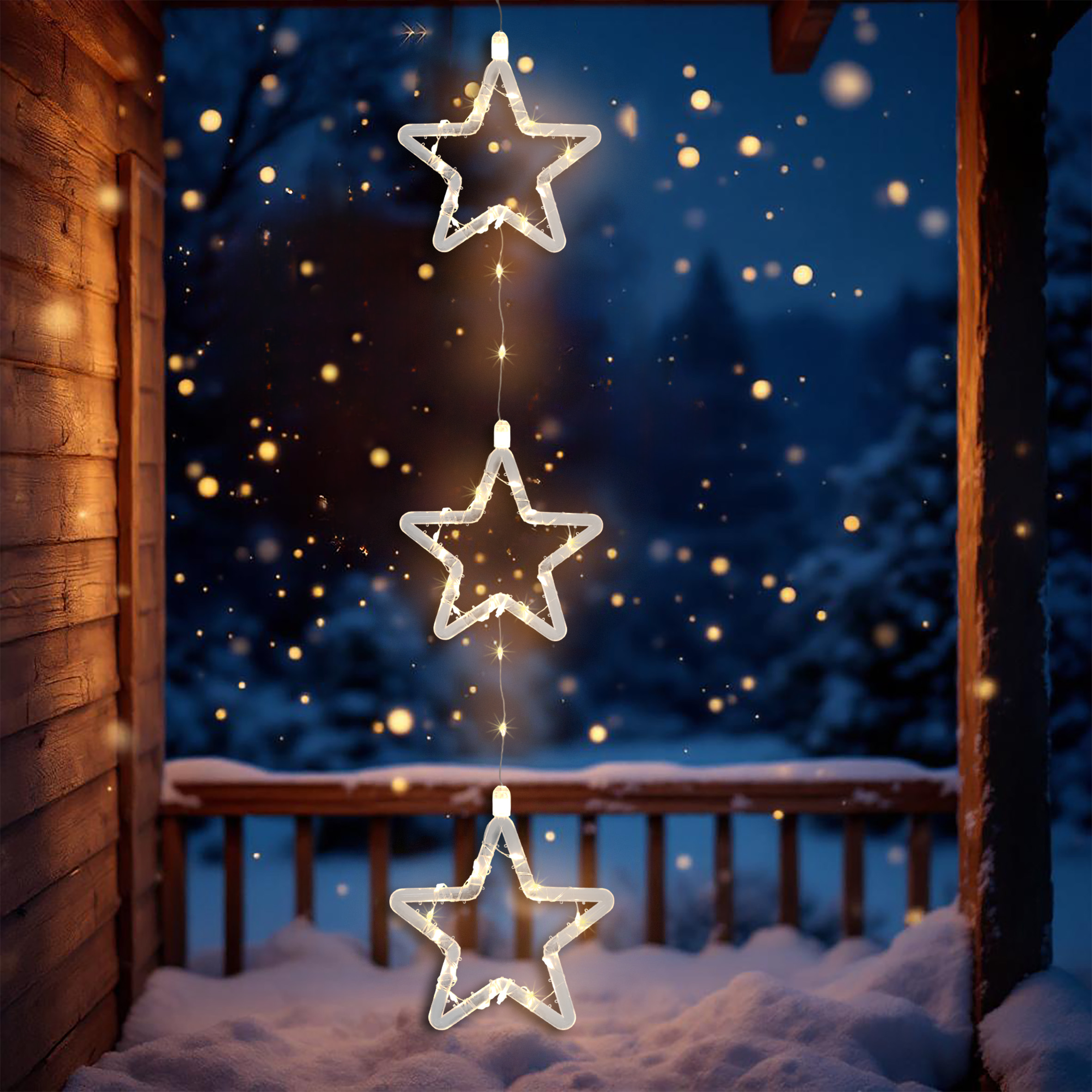 LED Weihnachtsdeko für Außen 3 Sterne mit Timer - 58 cm - Leuchstern Fensterdeko warm weiß Batterie betrieben