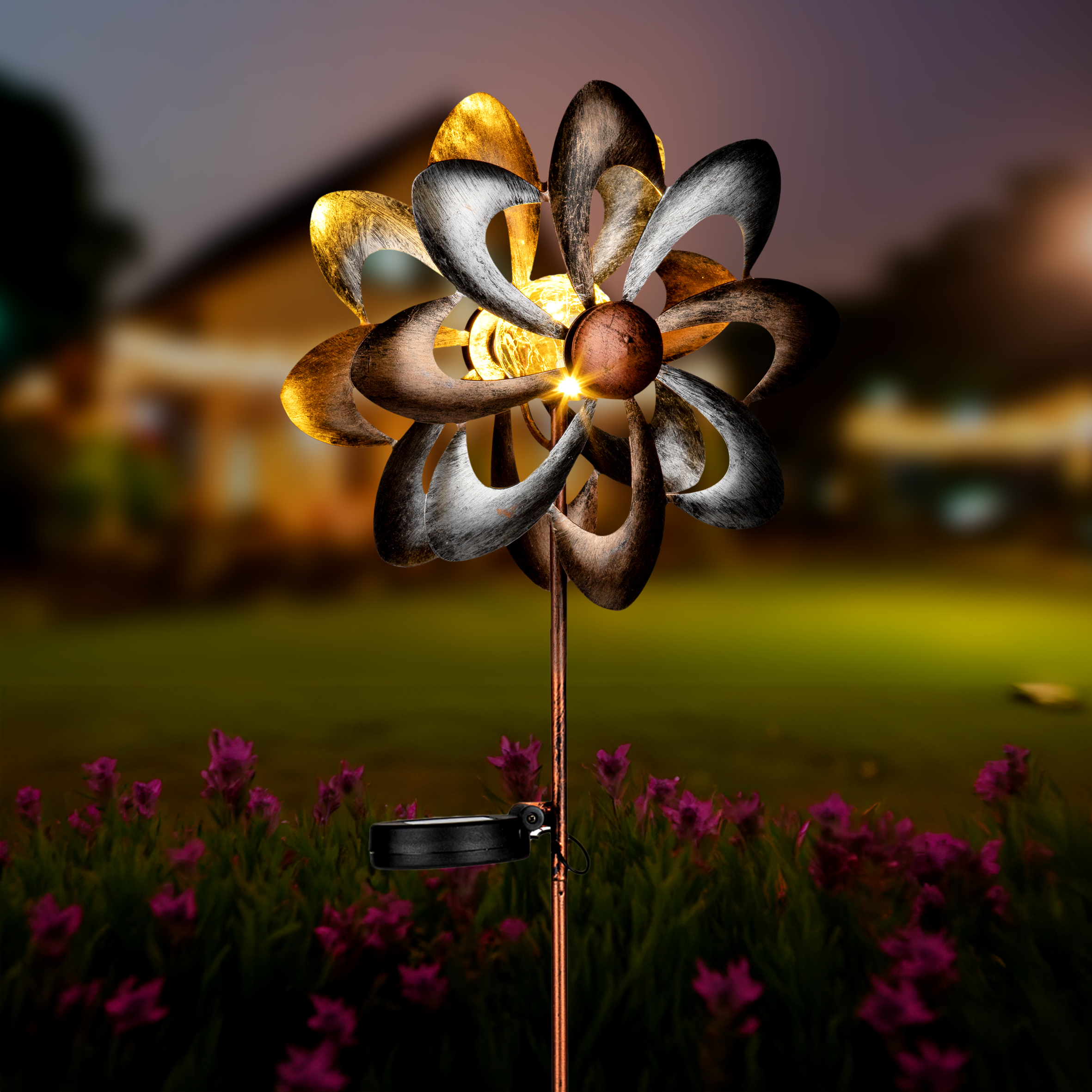 Metall Doppel Windrad mit Solar LED Glaskugel - Ø 23 cm