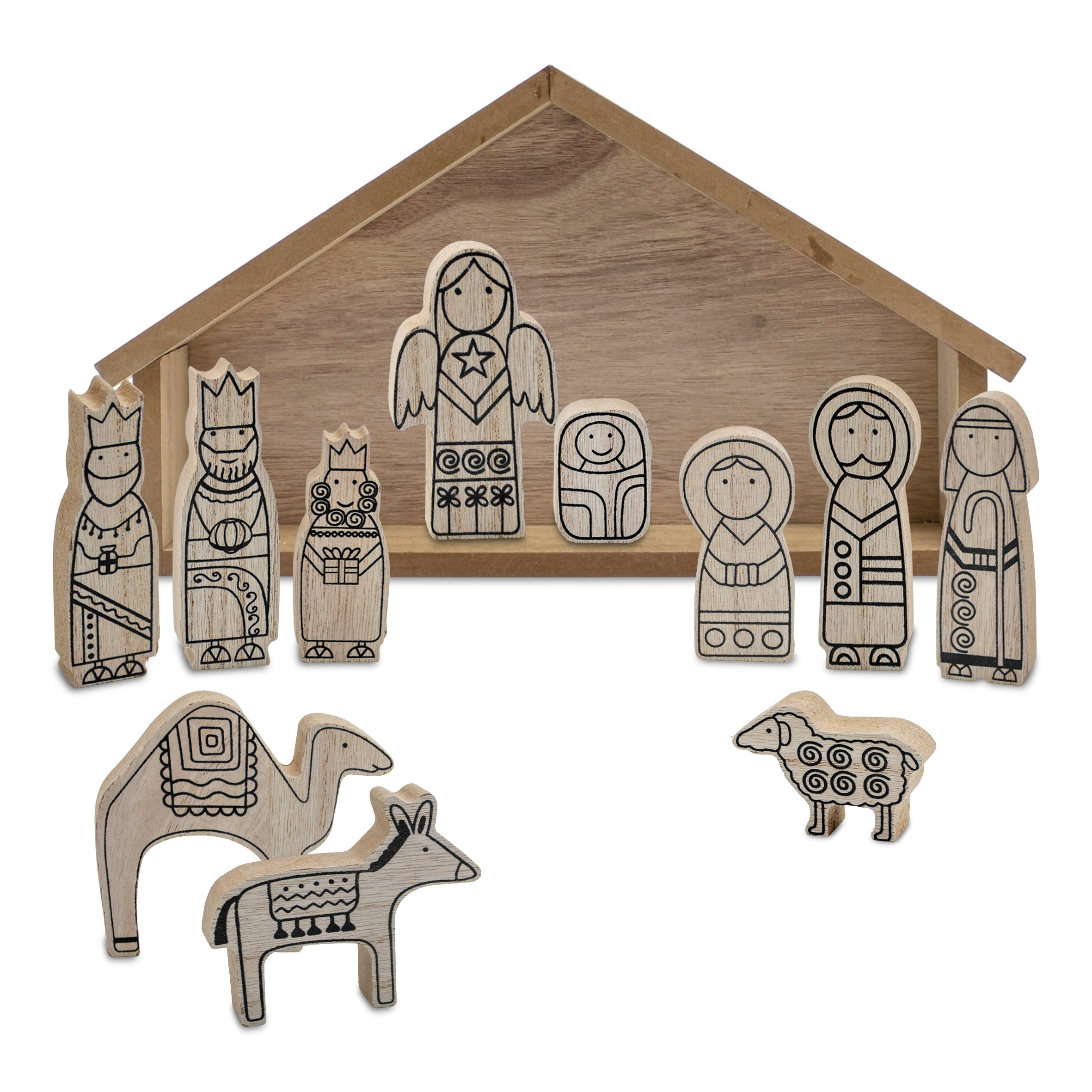 Weihnachts Krippenstall und Figuren aus Holz natur - 12 teilig - Weihnachtskrippe mit Stall und 11 Holzfiguren
