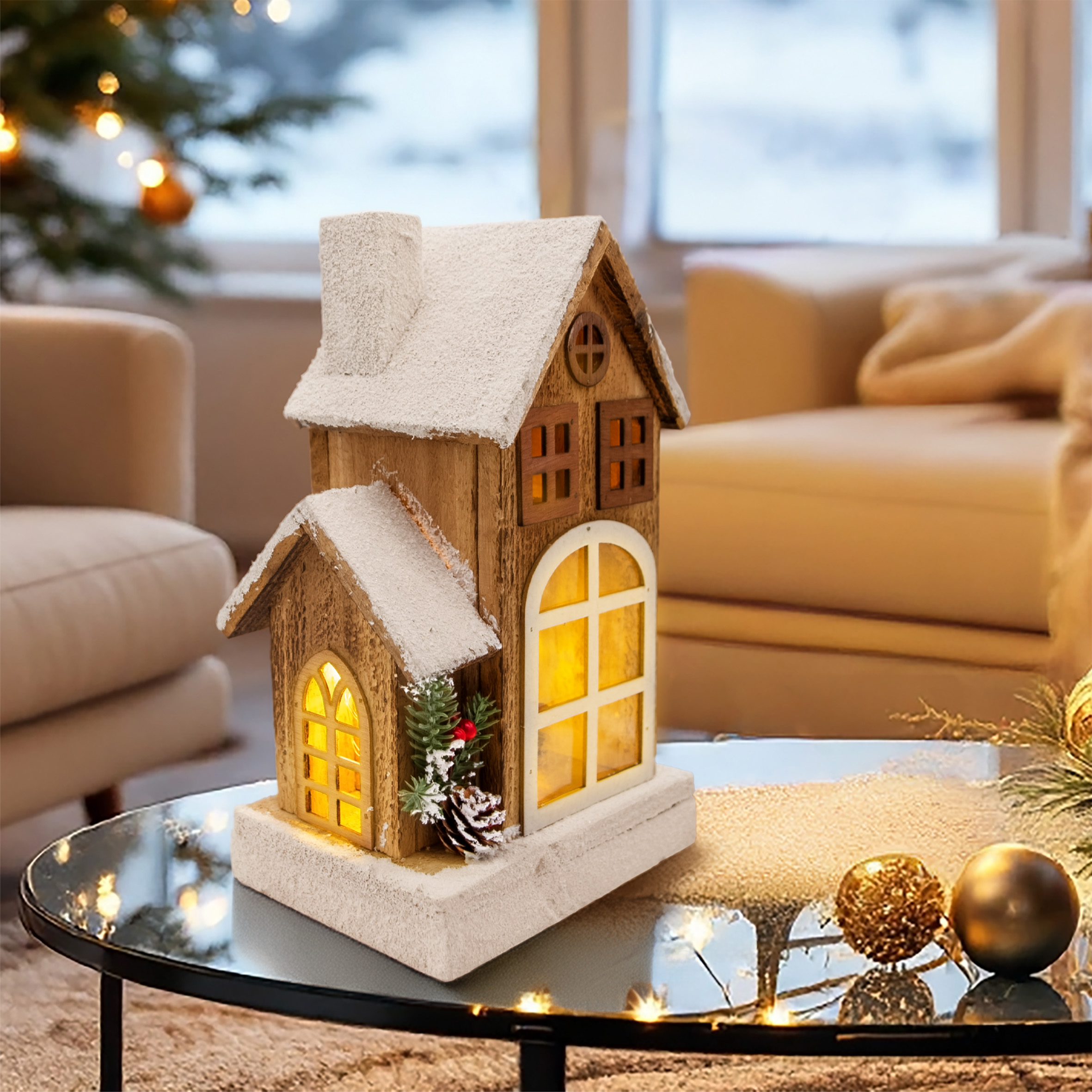 LED Holz Weihnachts Haus mit Schneedach - 29 cm - Lichterhaus Batterie betrieben