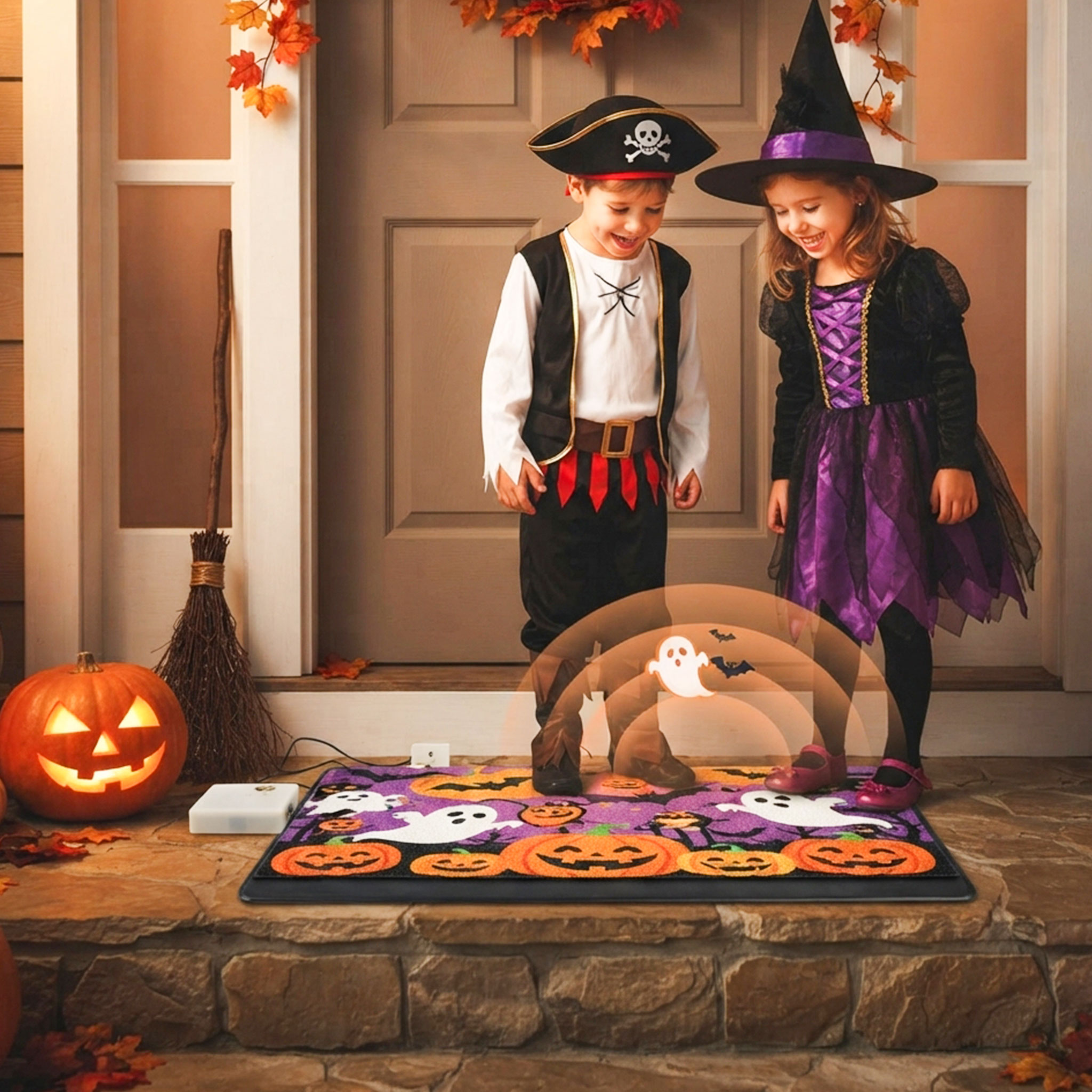 Halloween Trittsensor für Fußmatten mit 2 Grusel Begrüßungen - 35 x 25 cm - Sound Fußmatte mit Drucksensor batteriebetrieben