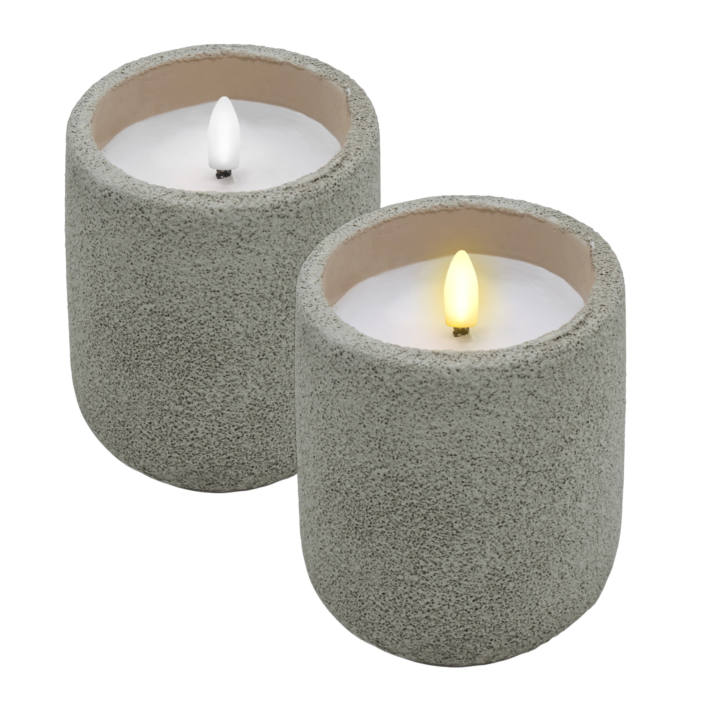 LED Keramik Kerze mit Beton Optik 10 x 9 cm - 2er Set - Künstliche Kerze Batterie betrieben mit Timer