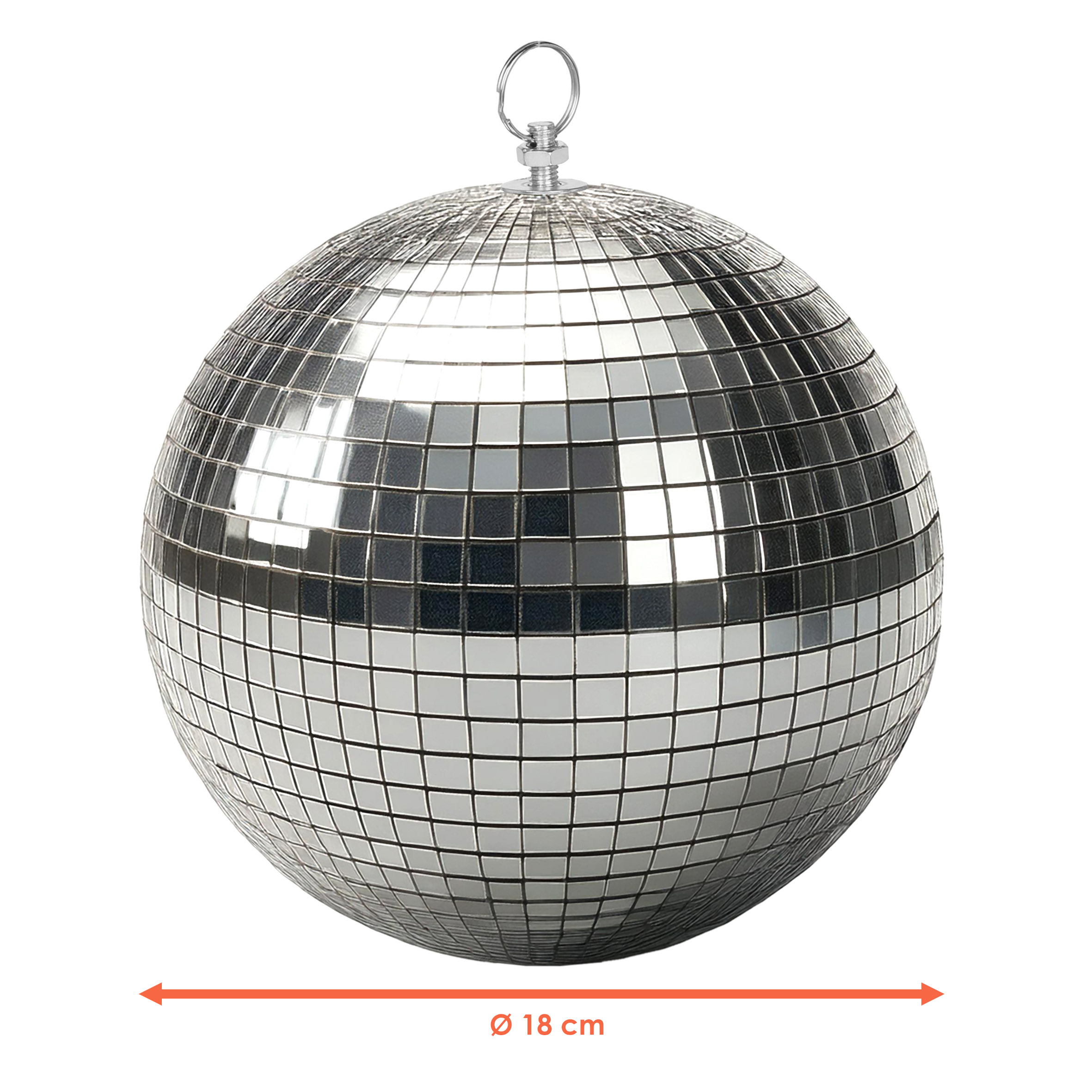 Discokugel mit Haken zum Aufhängen - Ø 18 cm - Spiegelkugel mit Echtglas Facetten in Silber