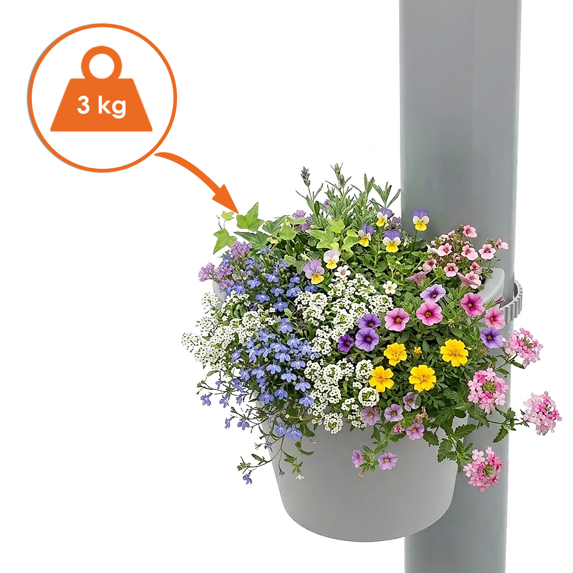Kunststoff Blumentopf für Regenrohr - grau - Pflanztopf mit Befestigungsgurt für Fallrohr