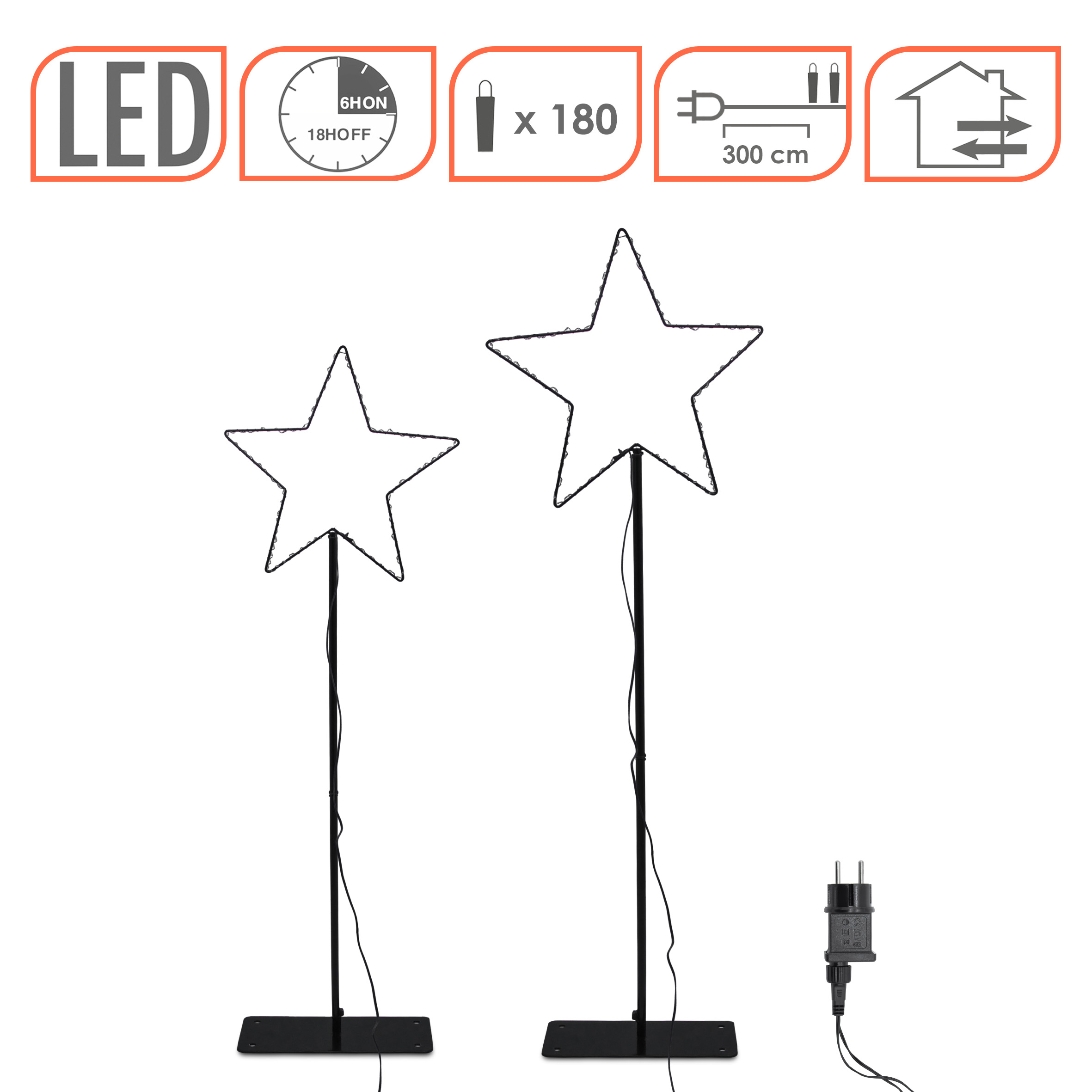 Leuchtstern Gartenstecker 2er Set für Außen mit Timer - 125 cm + 90 cm - Metall Stern Beetstecker schwarz mit 130 LED warm weiß beleuchtet