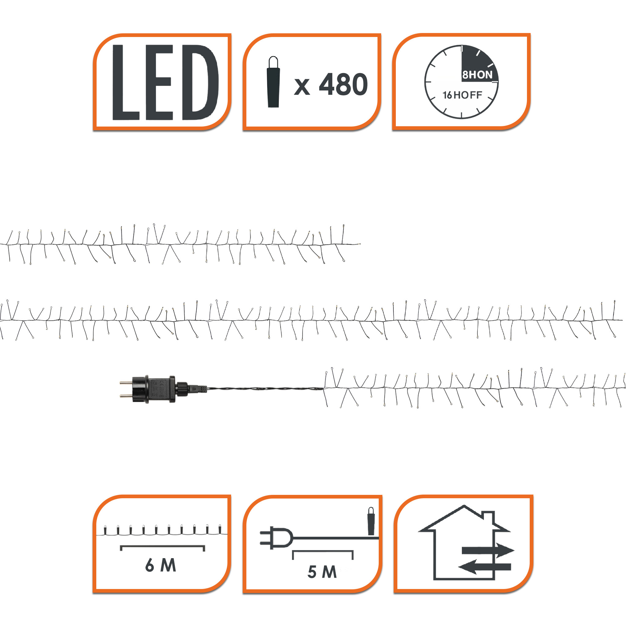 Draht Lichterkette warm weiß mit Timer und 8 Funktionen - 480 LED - Leuchtdraht schwarz 6 m für Außen und Innen mit Netzstecker