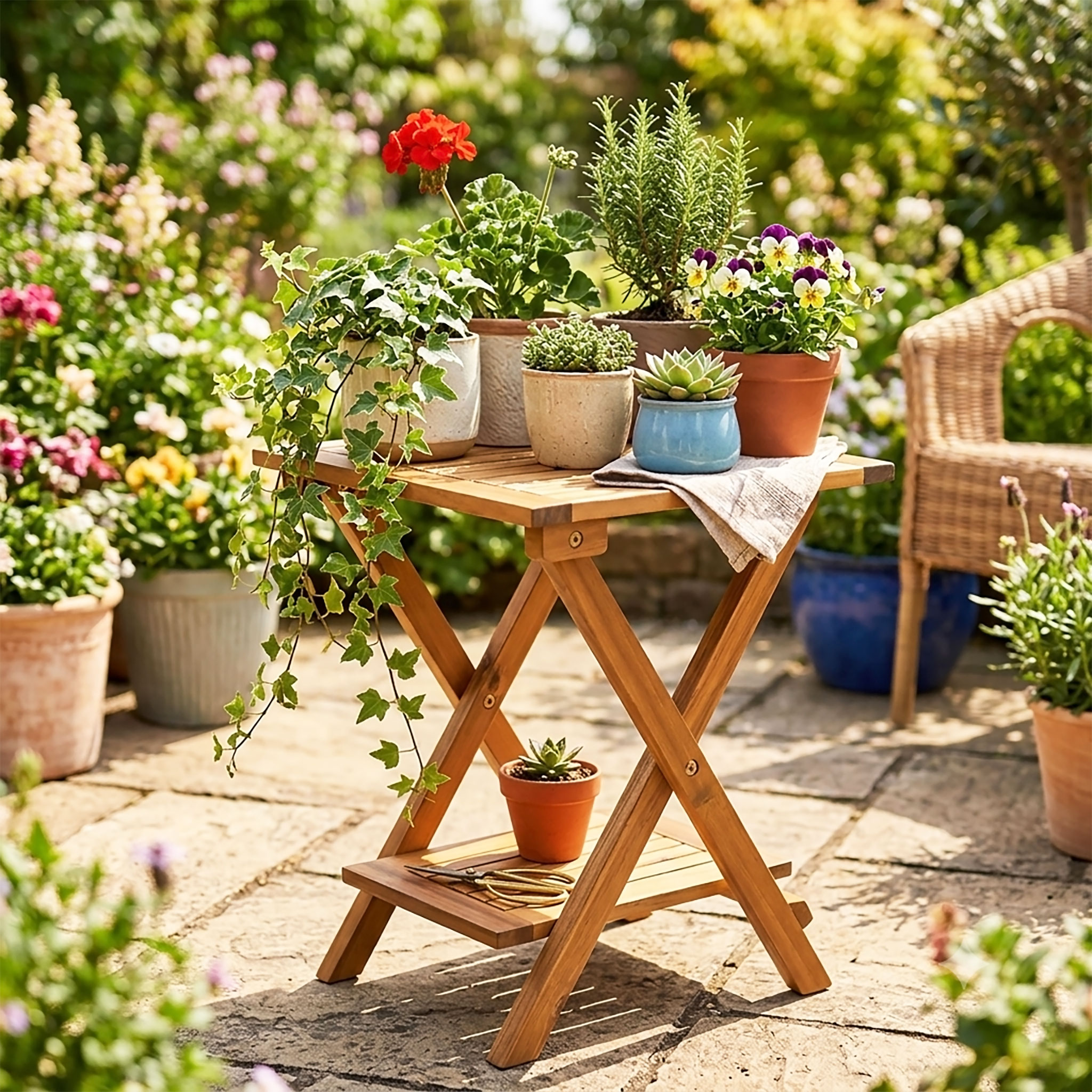 Akazie Beistelltisch geölt für Außen - 35 x 35 cm - Holz Gartentisch klappbar mit 2 Ablagen