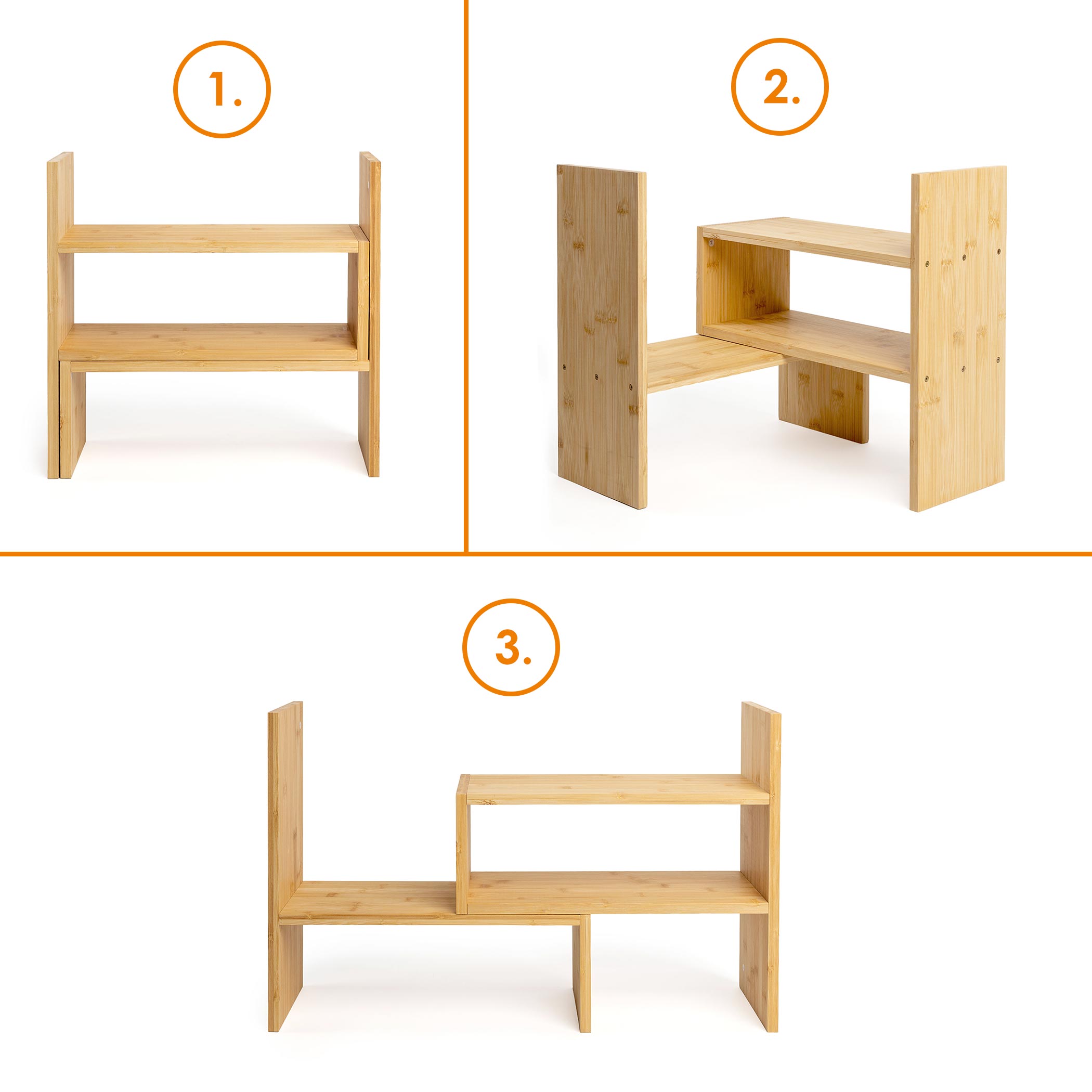 Bambus Küchen Organizer ausziehbar und variabel stellbar - 41-63 x 17 cm - Holz Küchenregal mit 3 Aufstellmöglichkeiten