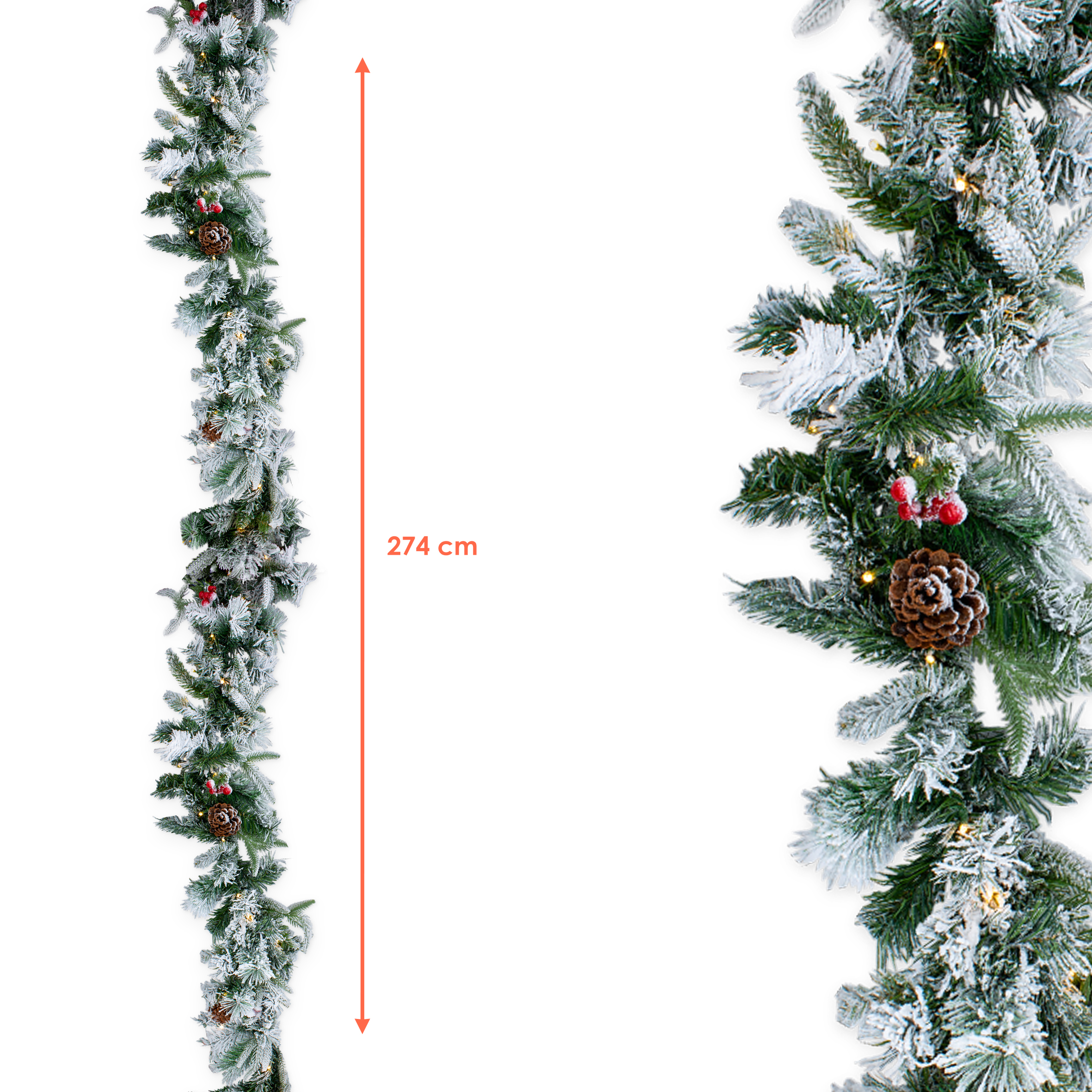LED Tannengirlande mit Schnee und Beeren warm weiß beleuchtet - 274 cm mit 50 LED - Weihnachtsgirlande Batterie betrieben mit Timer