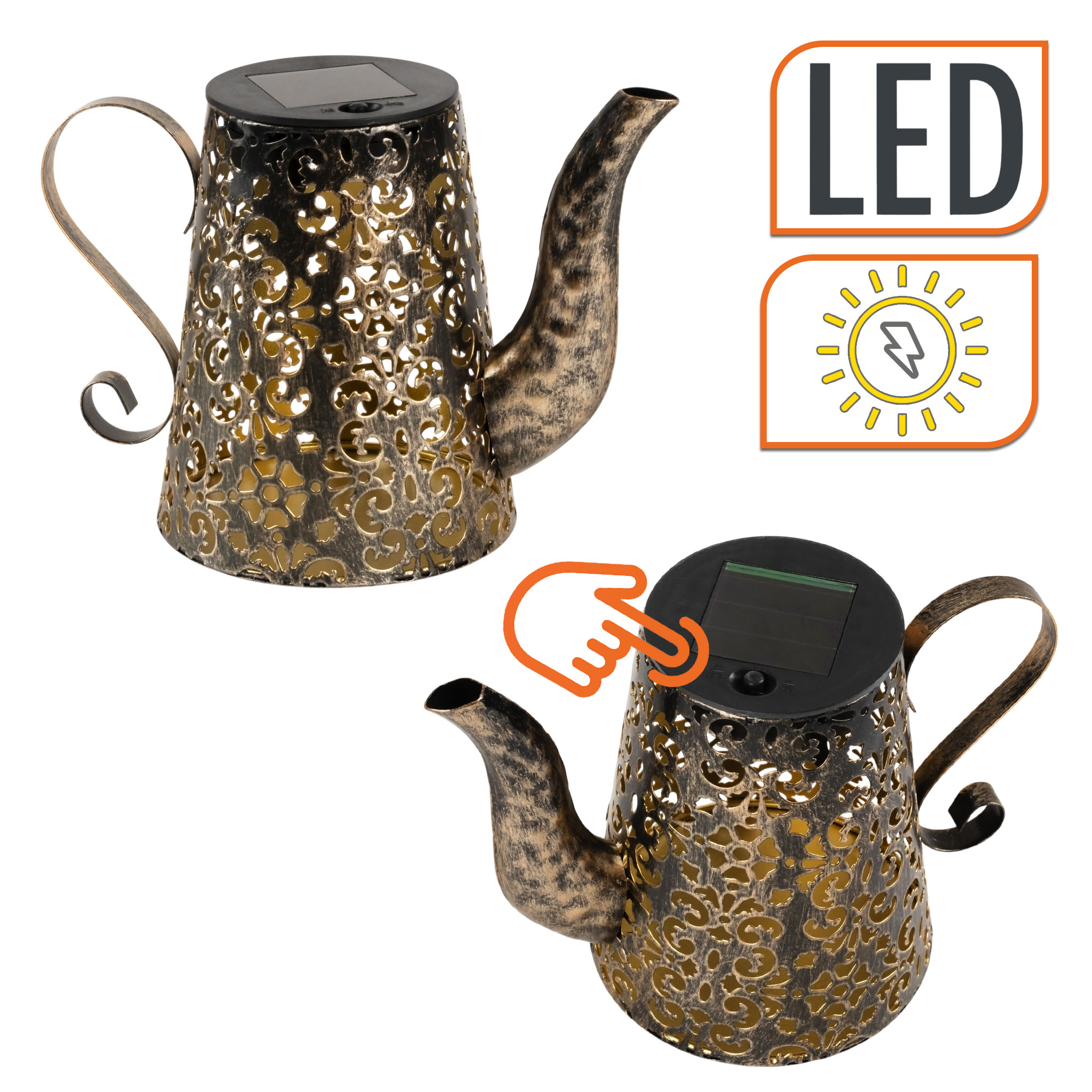 LED Solar Leuchte Metall Gießkanne - 19 x 14 cm - Vintage Deko Garten Lampe Rost Optik