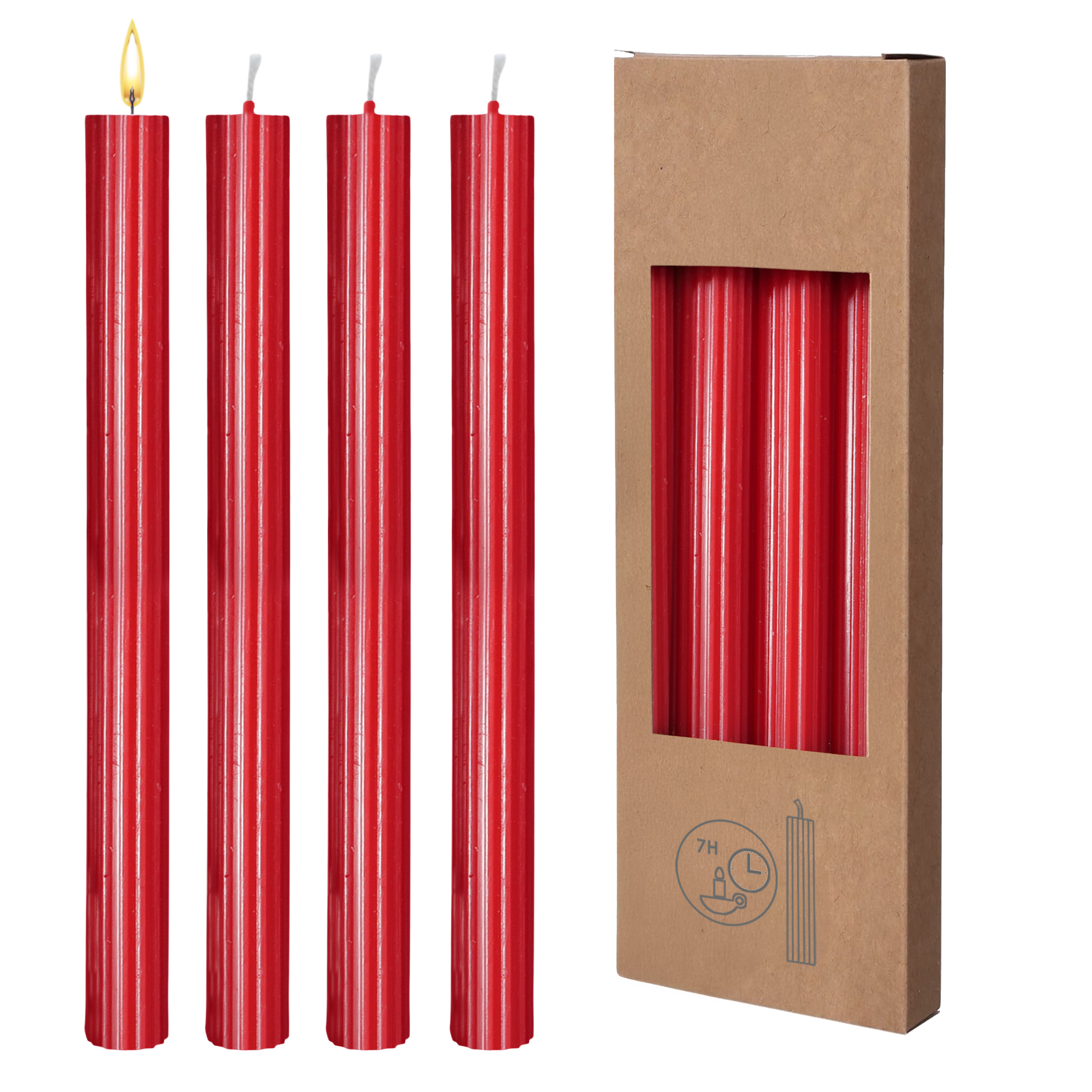 Echtwachs Stabkerzen geriffelt 8er Pack - rot - Festtags Tafelkerzen Set 25 cm Höhe