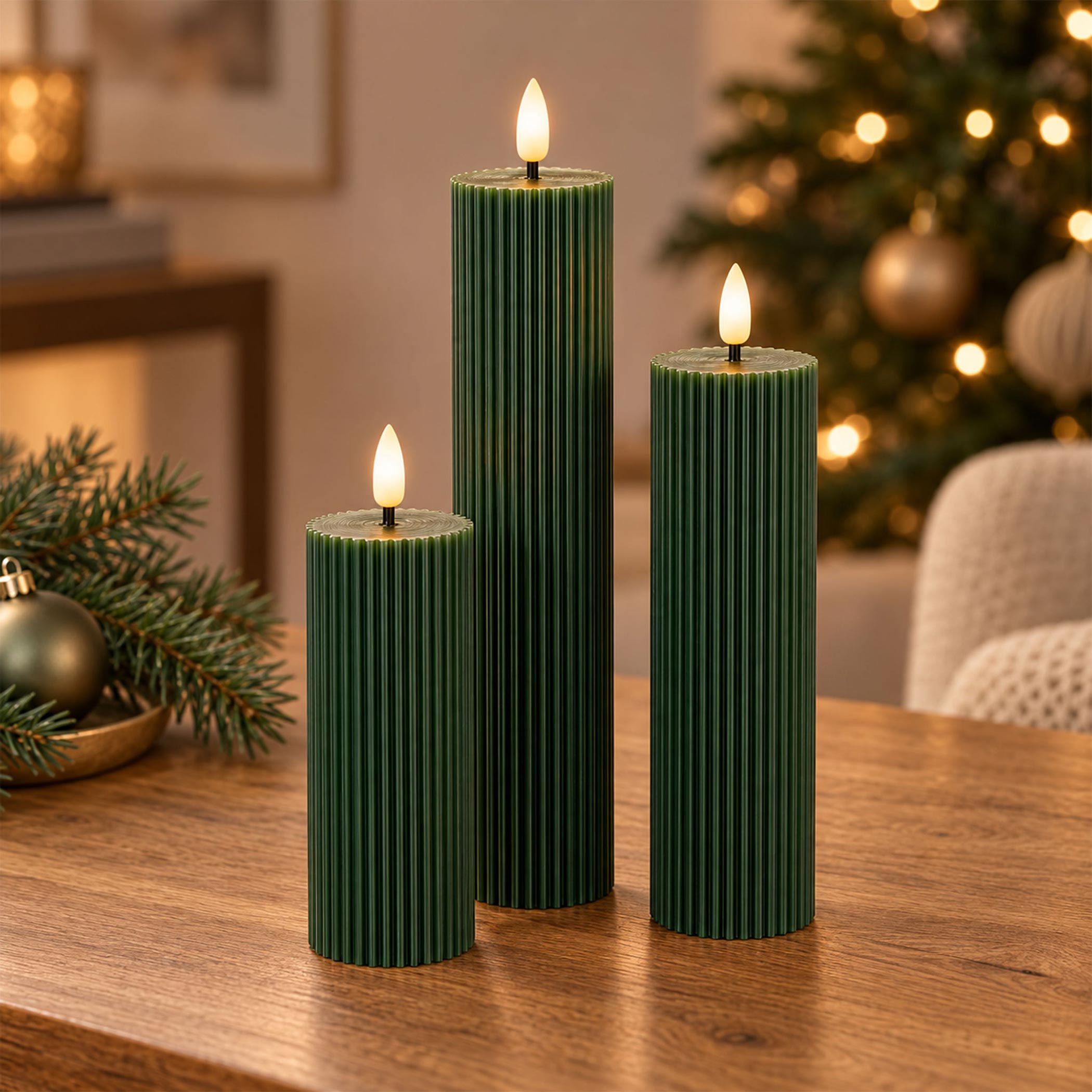 LED Stumpenkerzen mit Flammen Effekt 3er Set batteriebetrieben - 12 / 17 / 22 cm - Künstliche Tafelkerze dick warm weiß mit Flackereffekt
