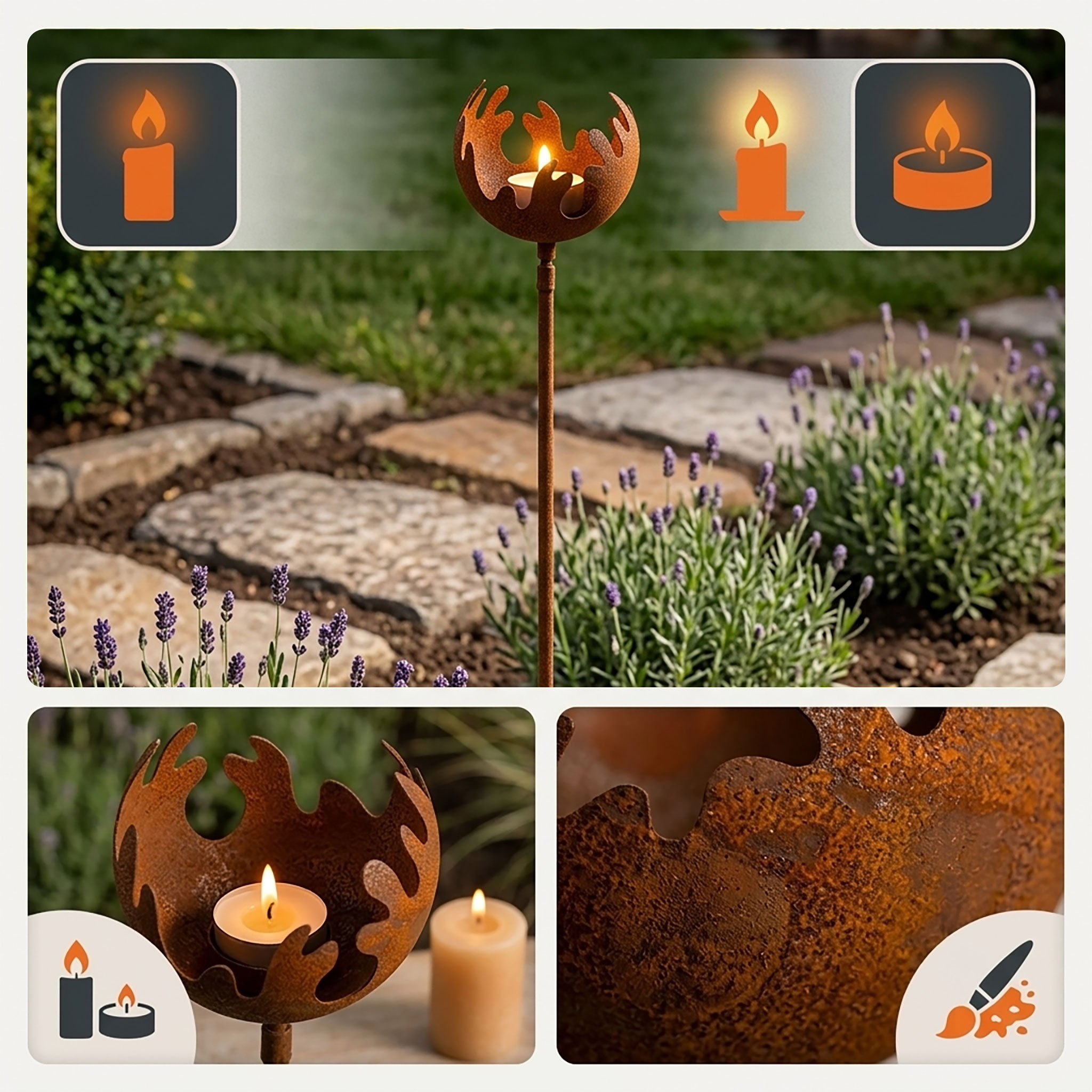 Metall Gartenstecker Naturrost Feuerball - 2 Größen / einzeln oder im 2er Set - Rost Windlicht mit Erdspieß