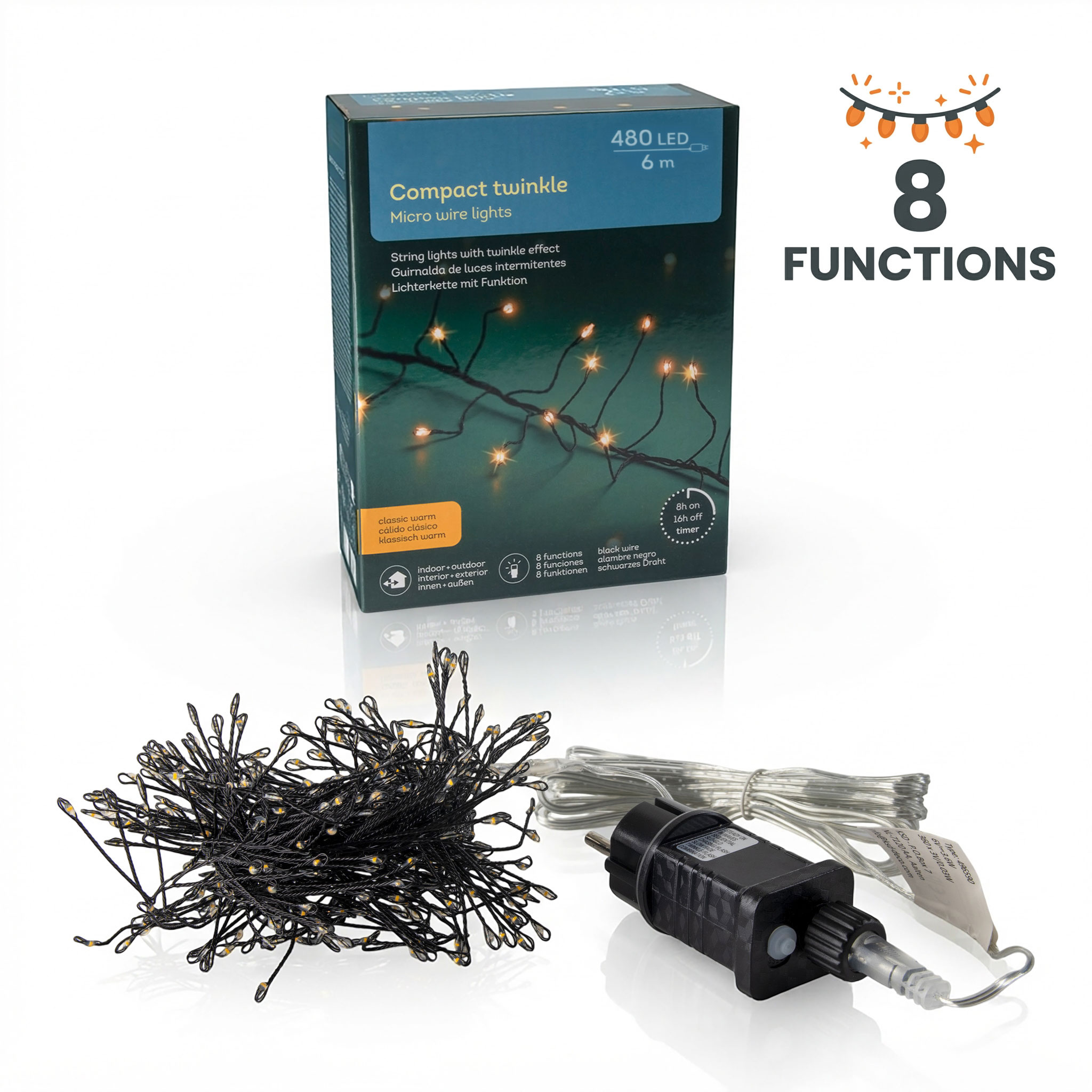 Draht Lichterkette warm weiß mit Timer und 8 Funktionen - 480 LED - Leuchtdraht schwarz 6 m für Außen und Innen mit Netzstecker