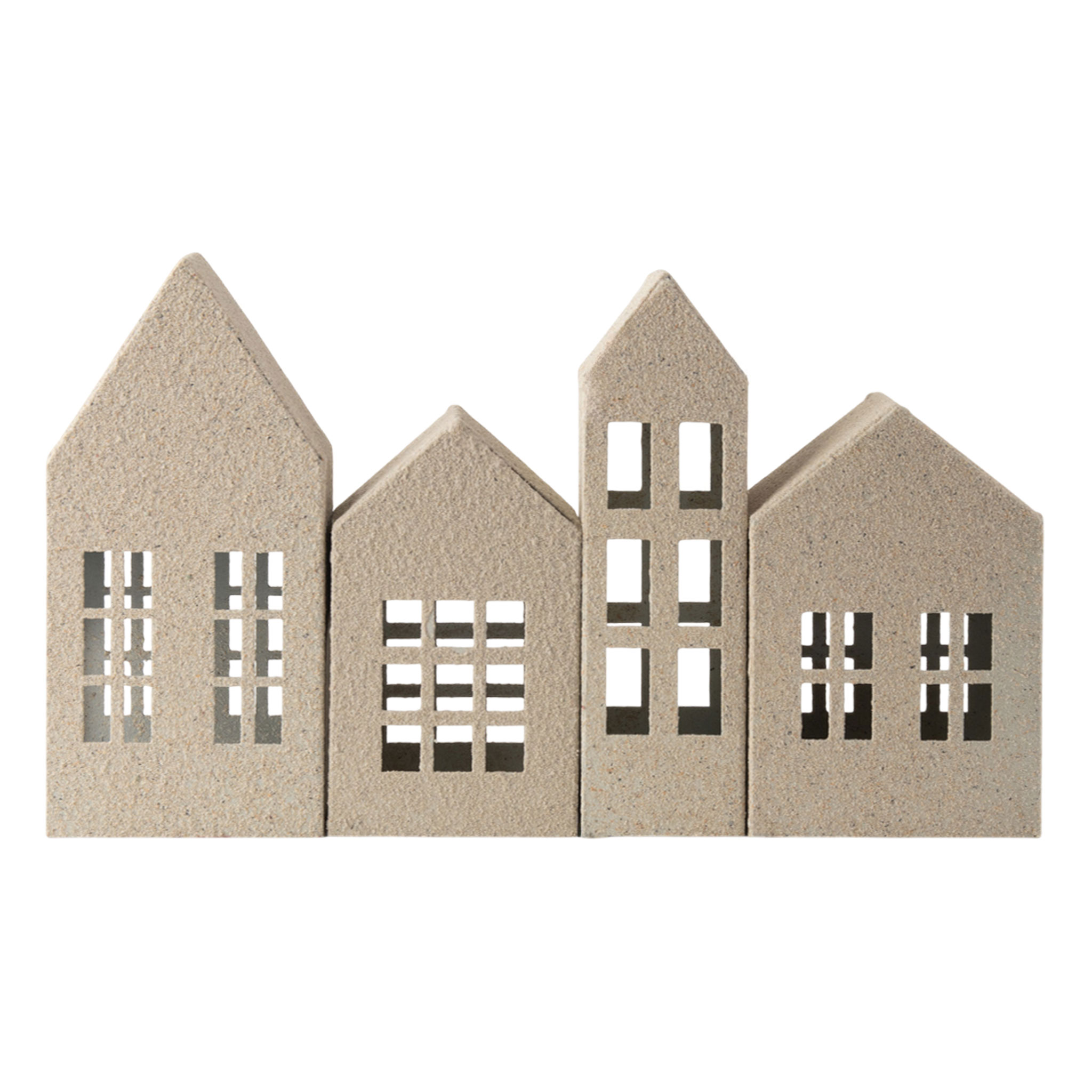 Metall Haus creme in Sandstein Optik 4er Set - 2x 15 cm | 2x 20 cm - Weihnachtsdorf Teelichthalter mit Sand Patina